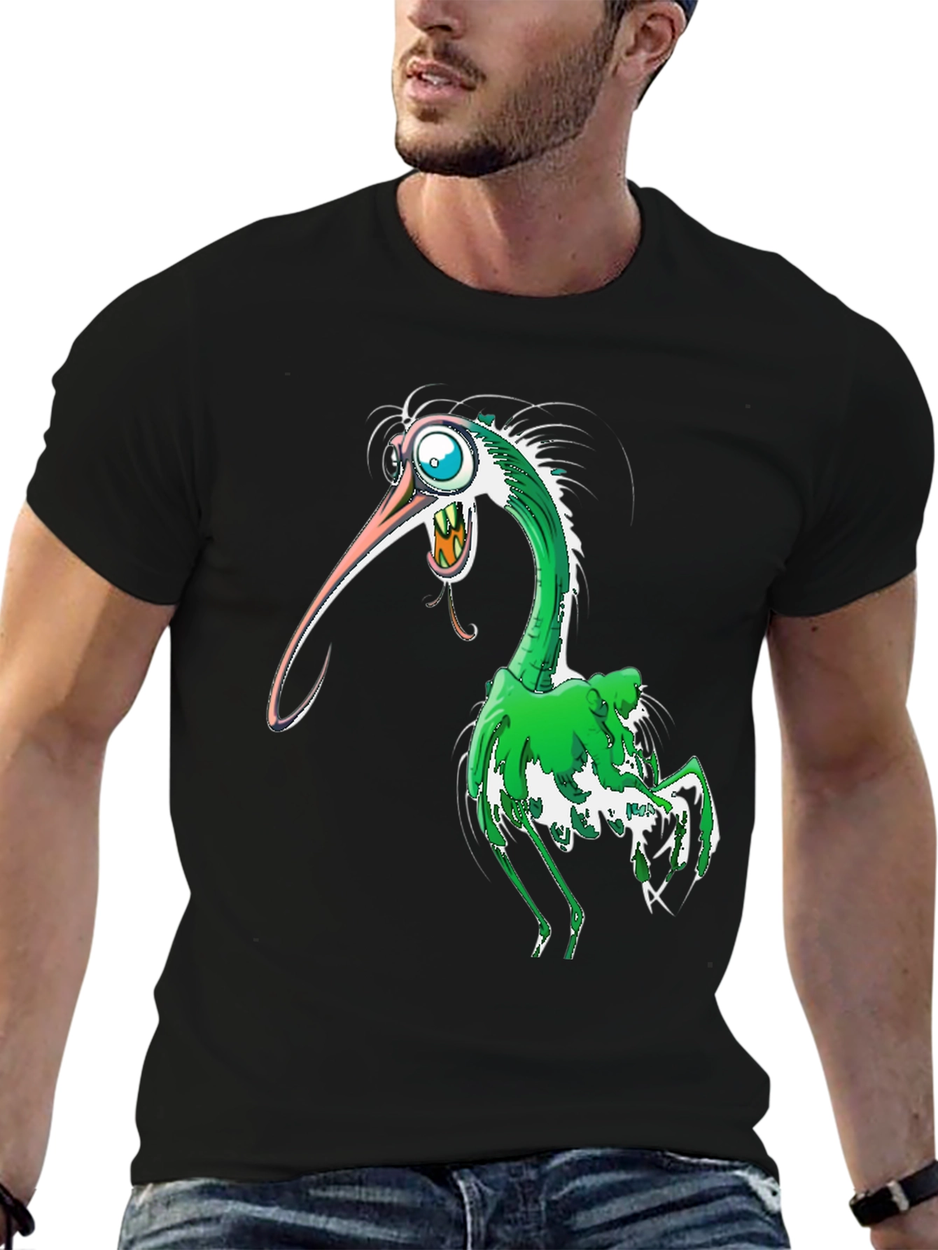 Cartoon Bird Graphic T-Shirt - Black