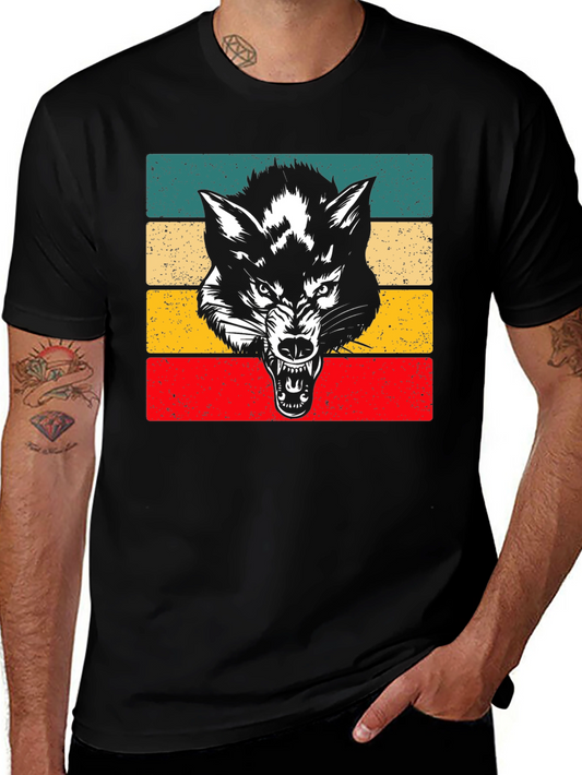 Retro Wolf Graphic Tee - Black Cotton T-Shirt