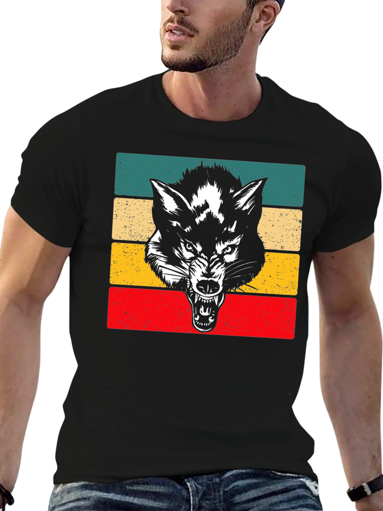 Retro Wolf Graphic Tee - Black Cotton T-Shirt