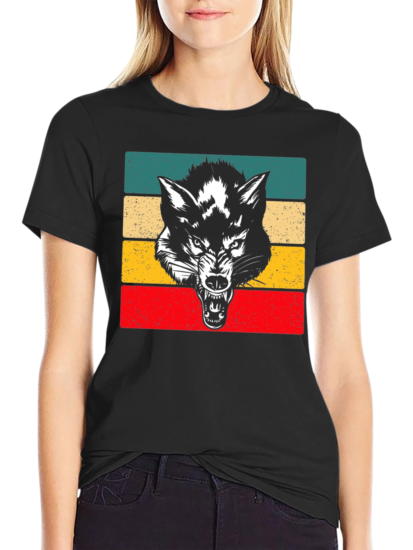 Retro Wolf Graphic Tee - Black Cotton T-Shirt