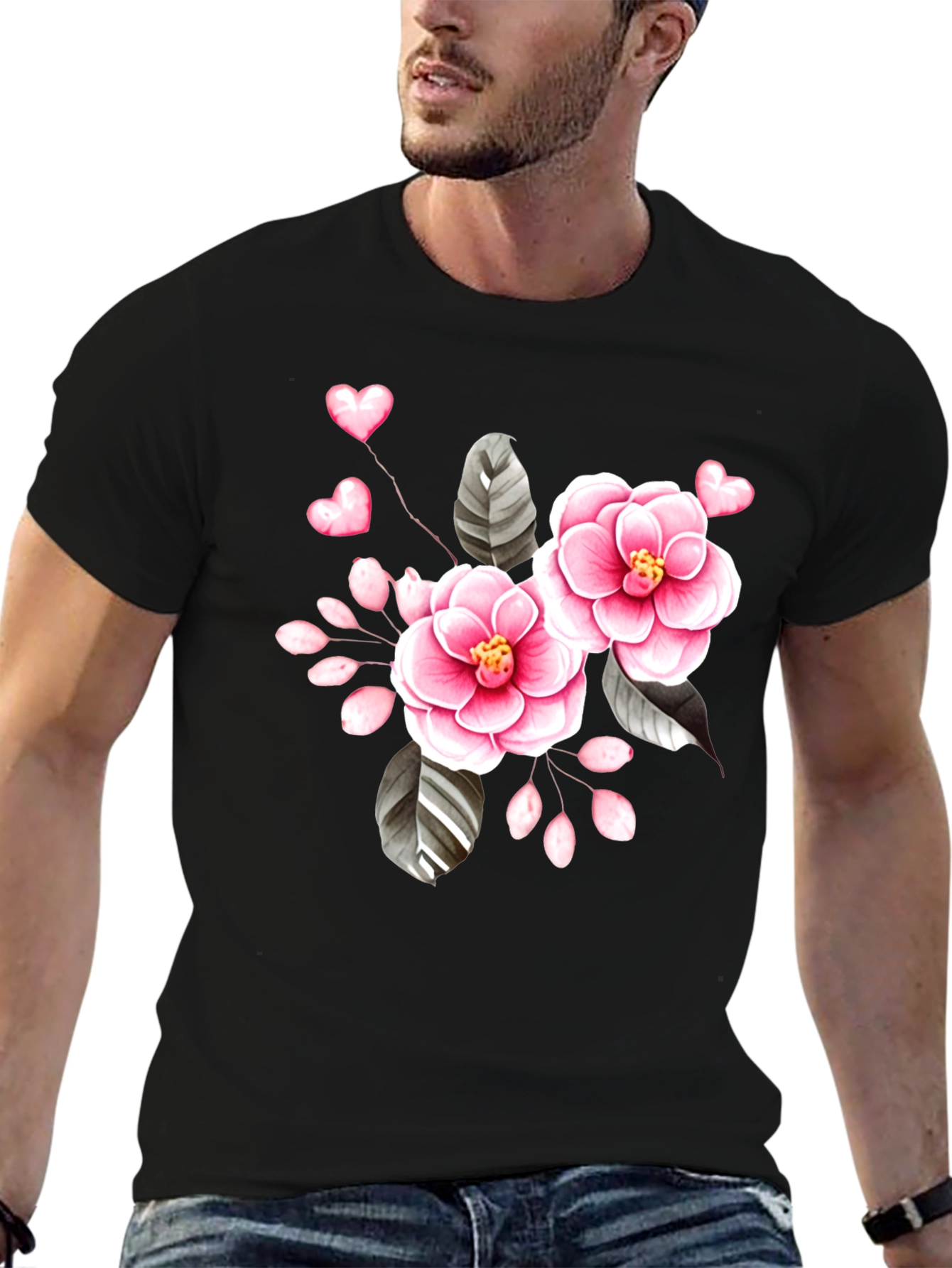 Floral Heart Graphic Black Tee