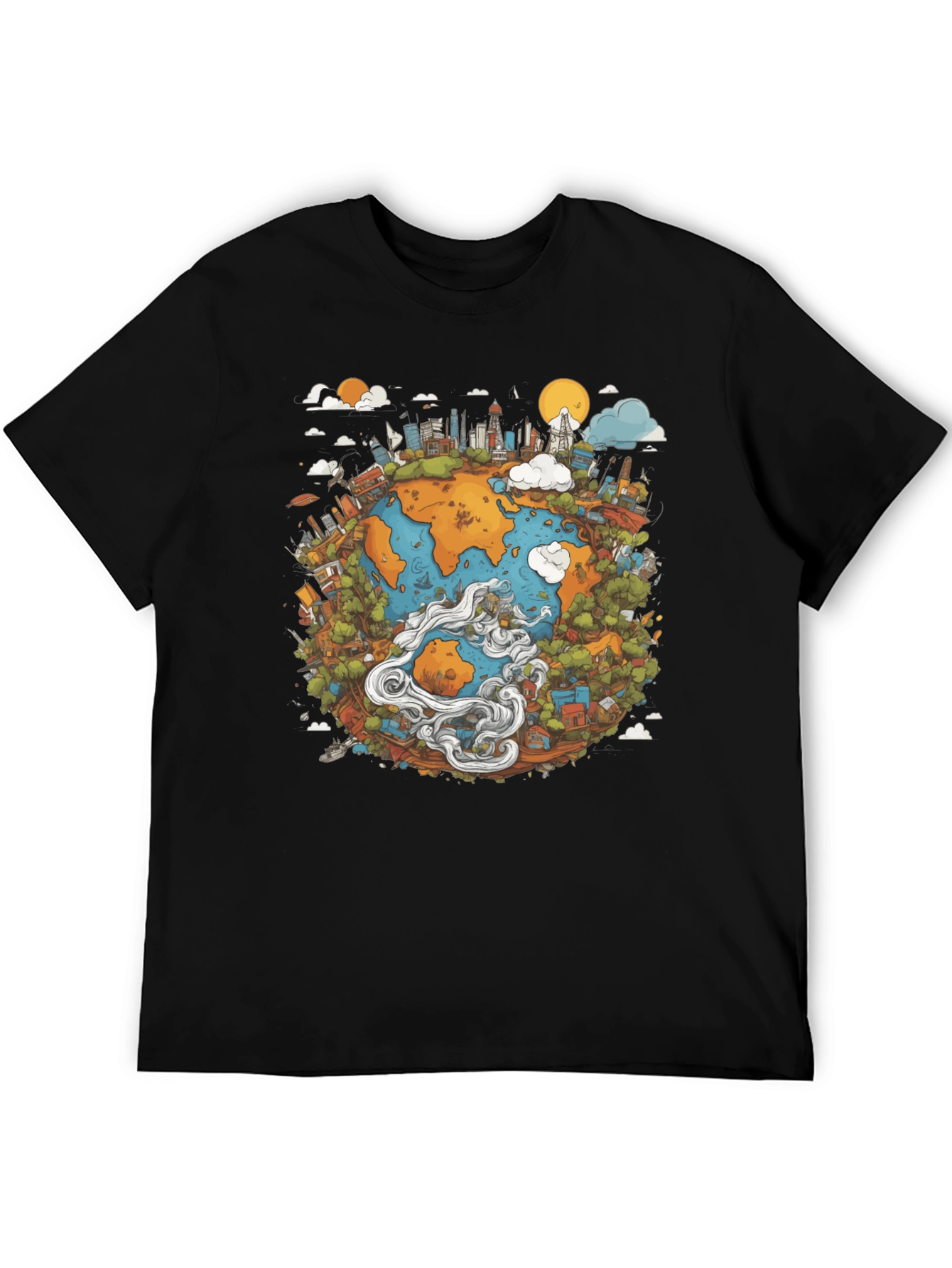 Earth Graphic Black T-Shirt - Illustrated Globe Design