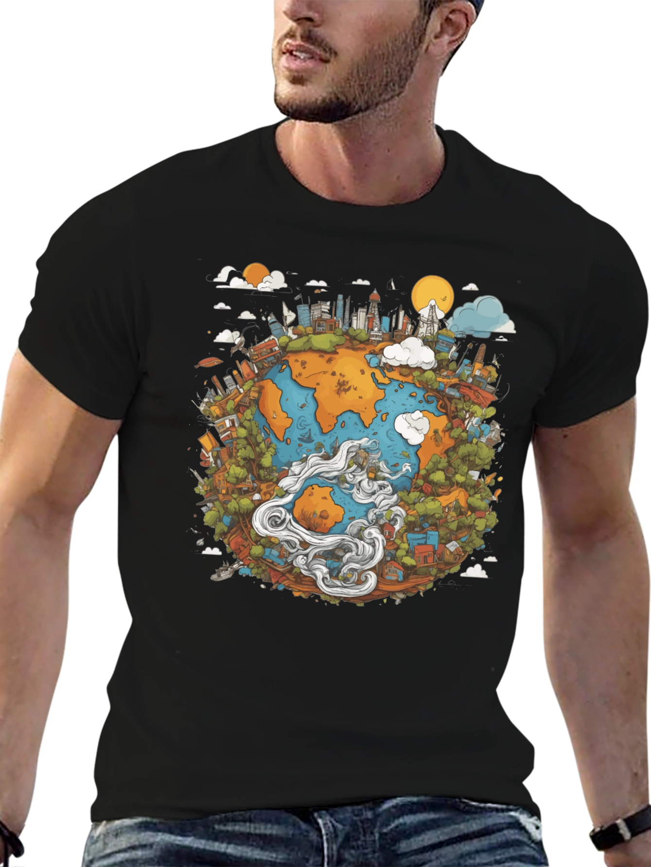 Earth Graphic Black T-Shirt - Illustrated Globe Design