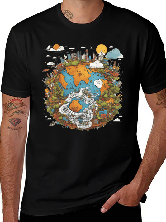 Earth Graphic Black T-Shirt - Illustrated Globe Design