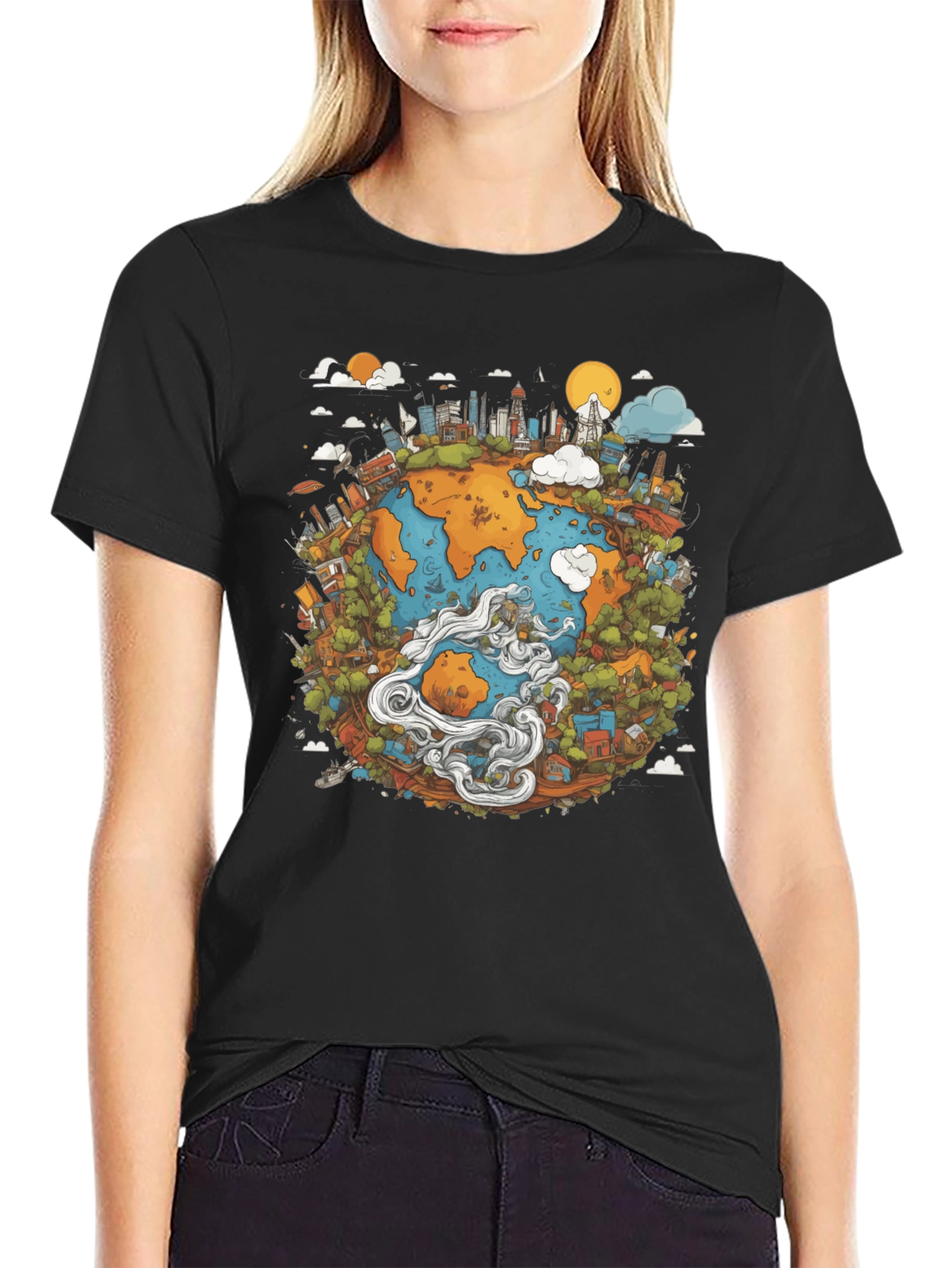 Earth Graphic Black T-Shirt - Illustrated Globe Design
