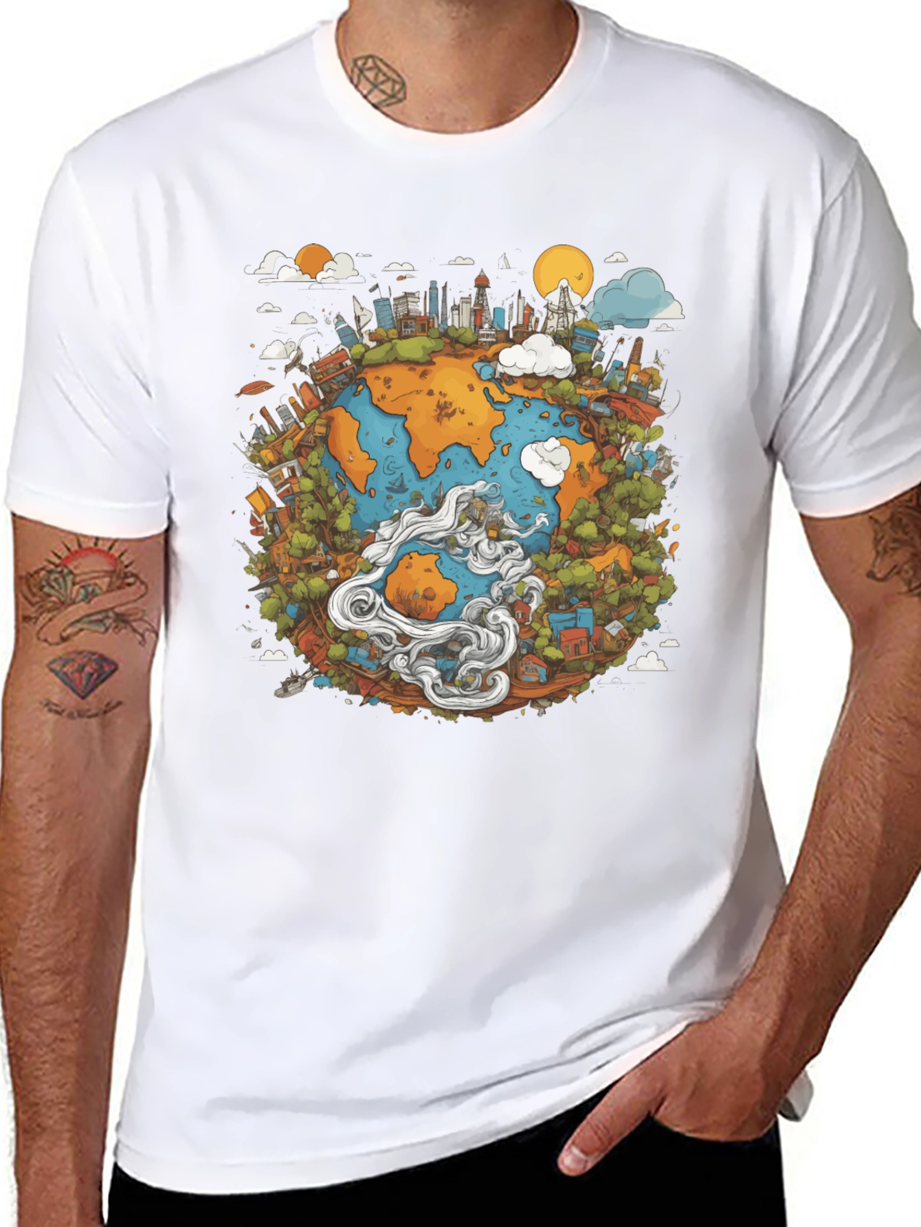 Earth Graphic Black T-Shirt - Illustrated Globe Design