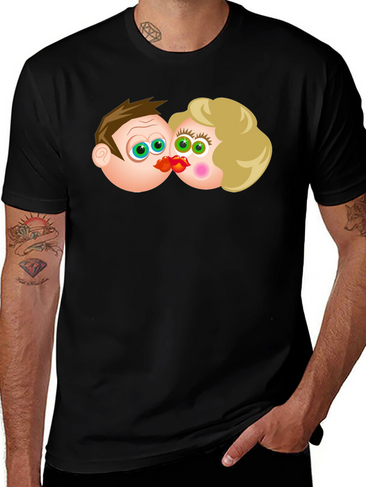 Cartoon Couple Kissing Black T-Shirt