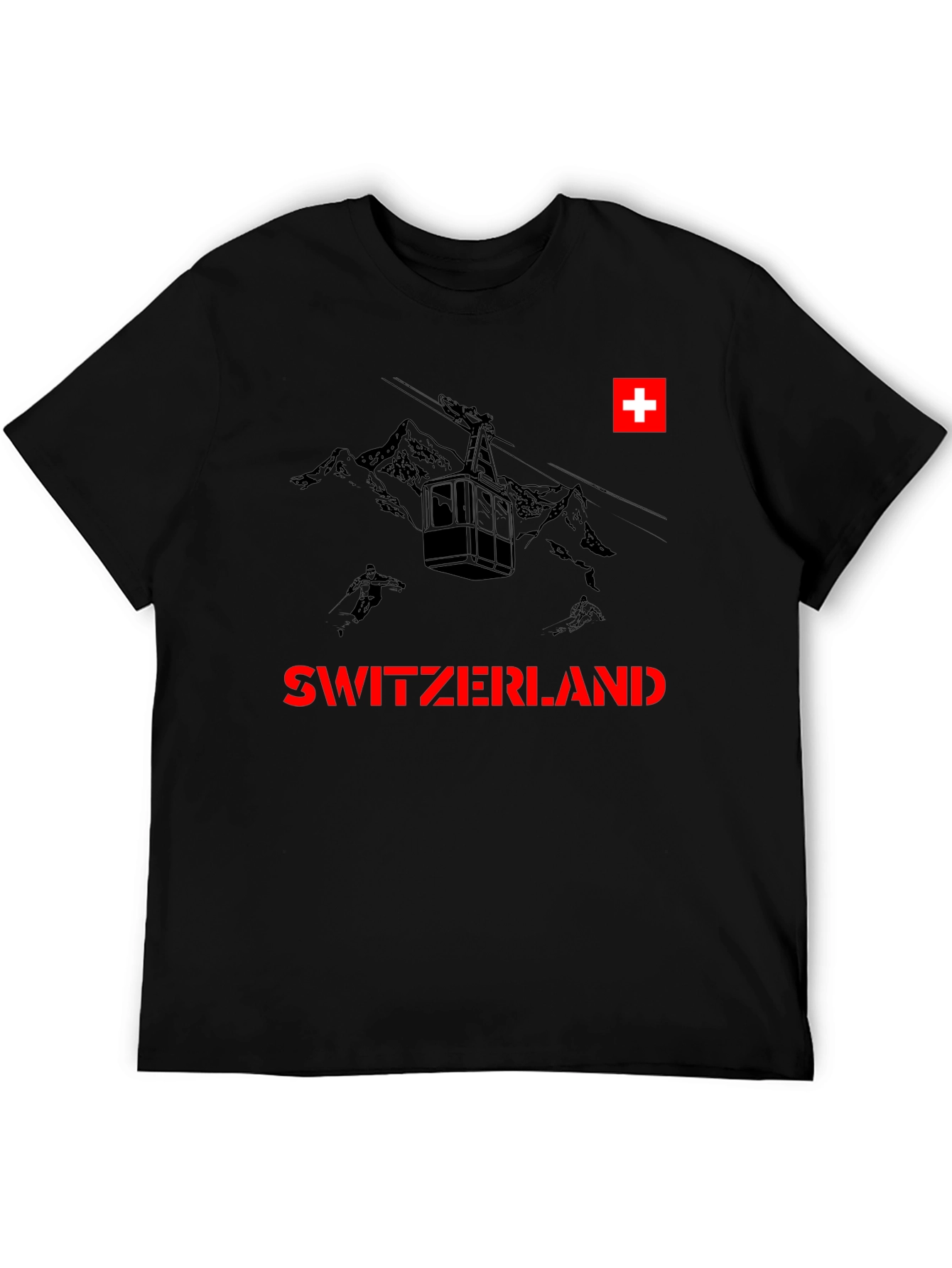 Switzerland Black T-Shirt - Skiing Graphic Tee