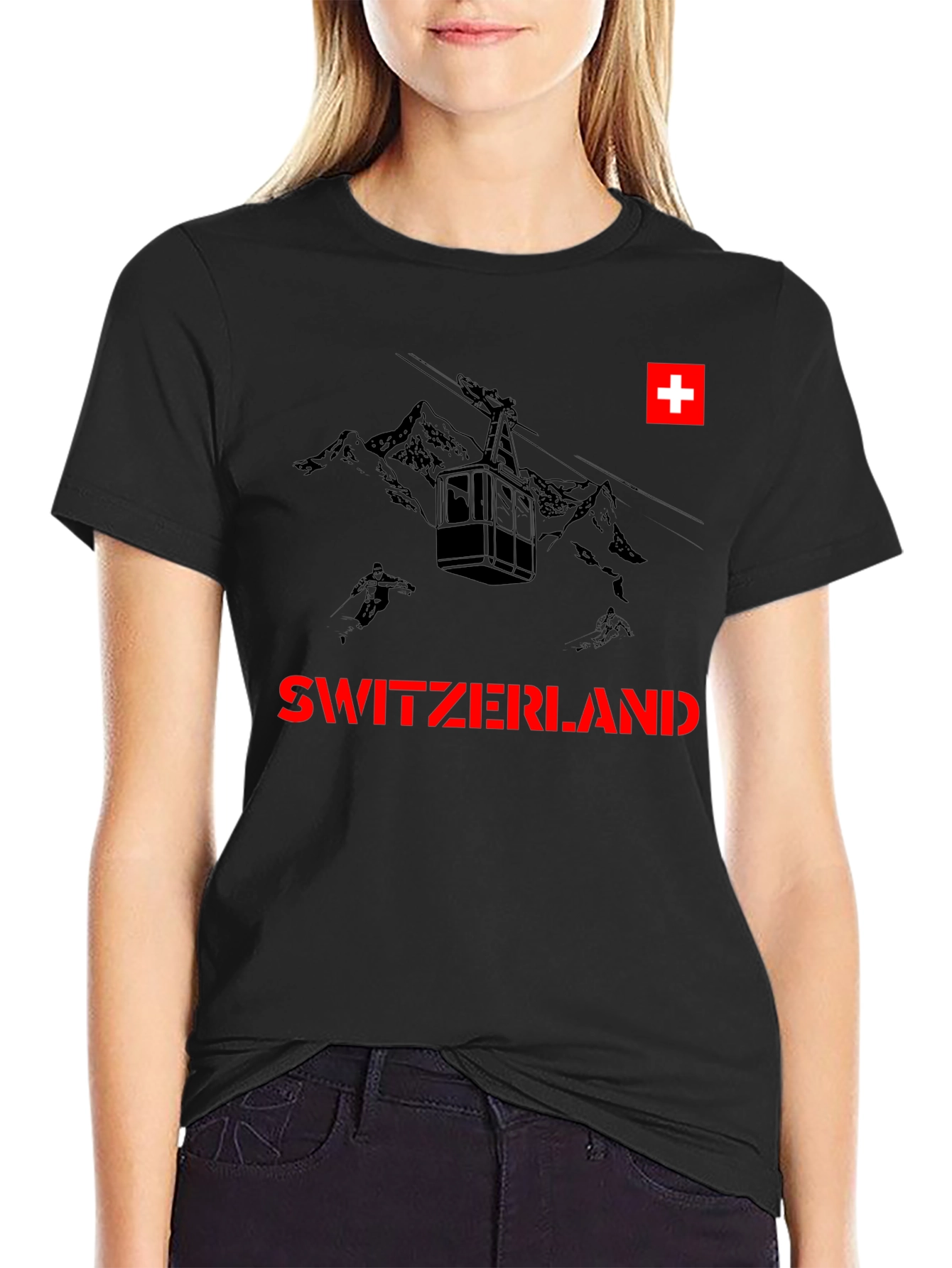 Switzerland Black T-Shirt - Skiing Graphic Tee