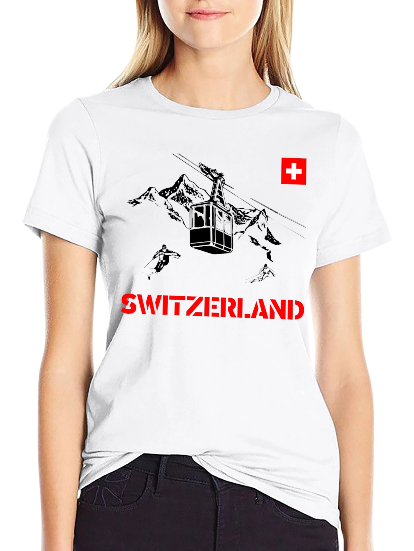 Switzerland Black T-Shirt - Skiing Graphic Tee