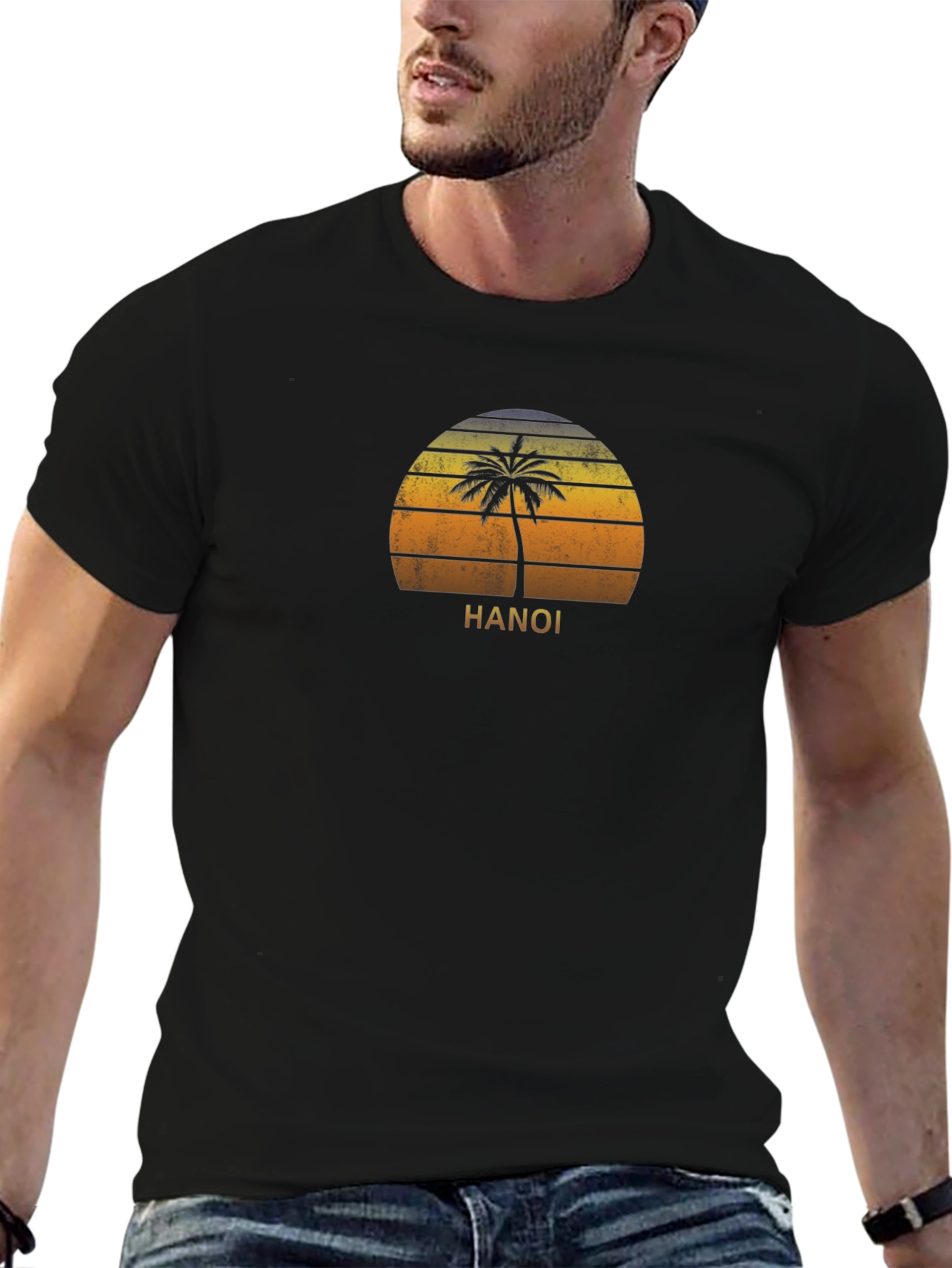Hanoi Sunset Palm Tree Graphic Tee - Black
