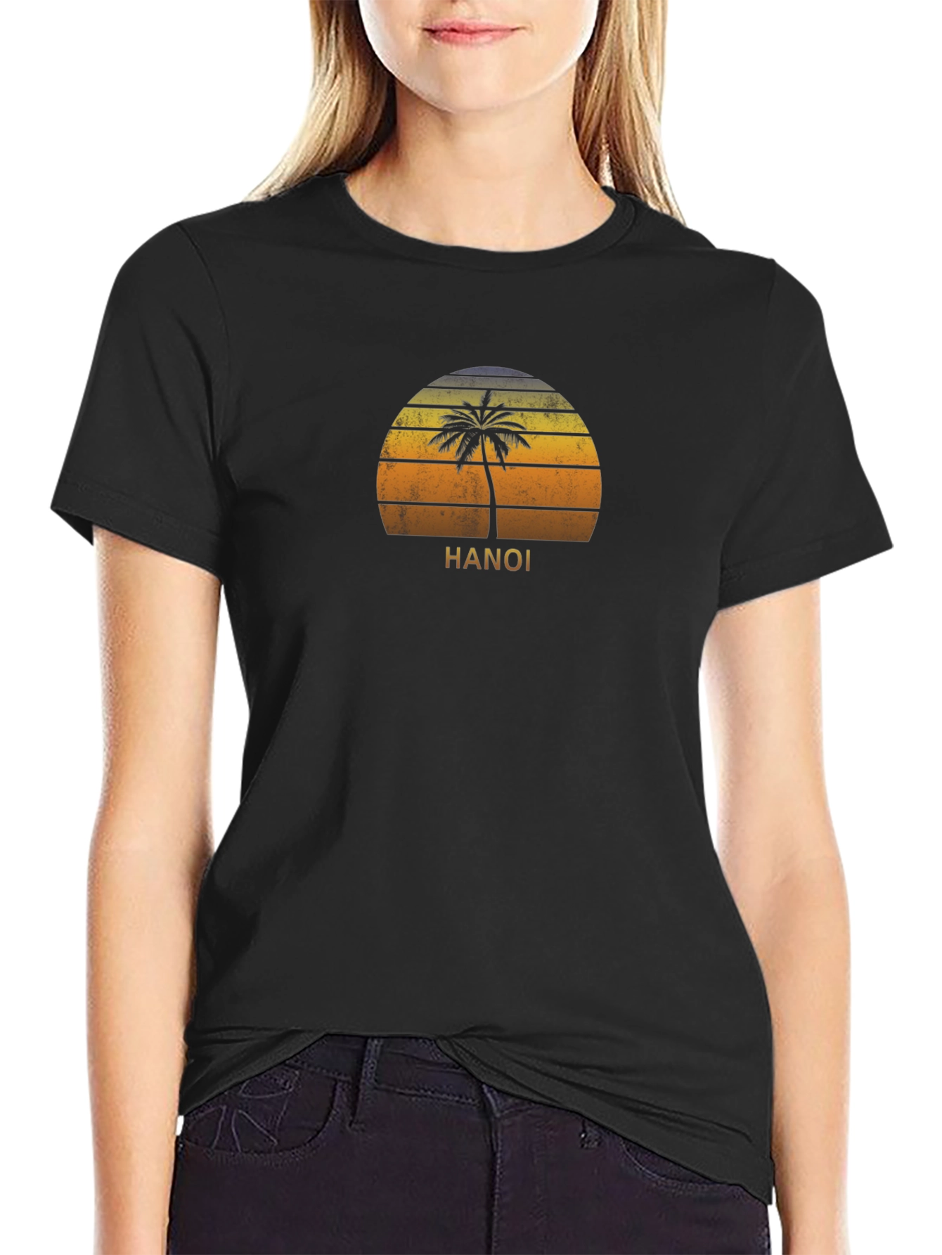 Hanoi Sunset Palm Tree Graphic Tee - Black