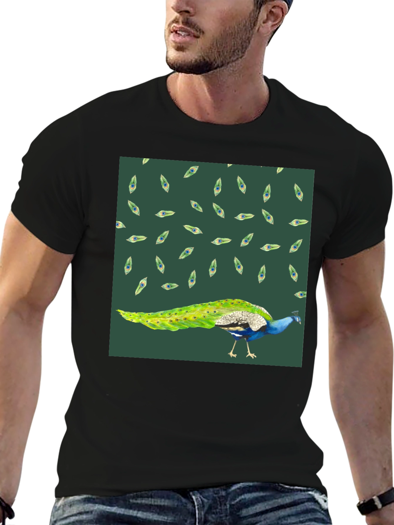 Peacock Patterned Black T-Shirt