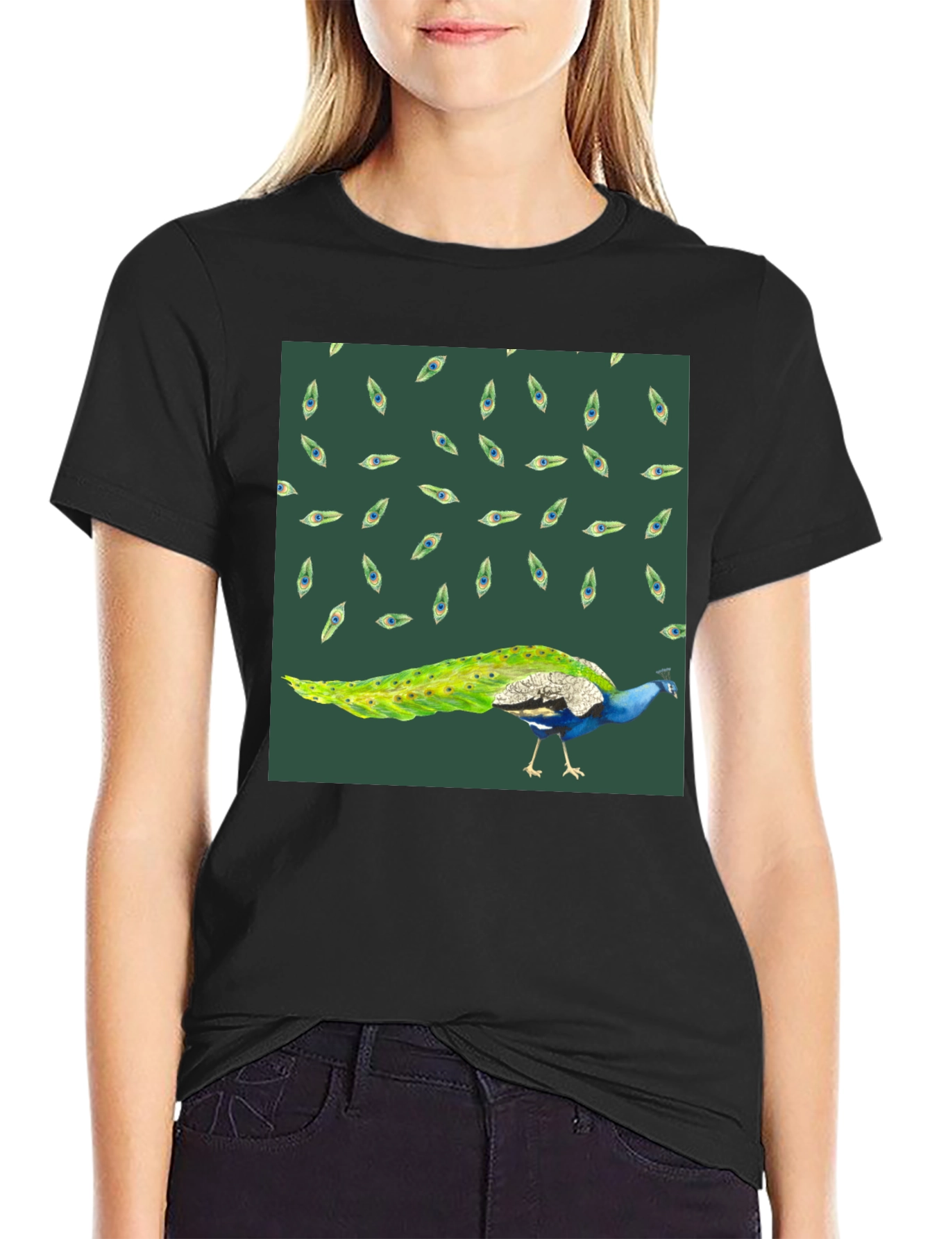 Peacock Patterned Black T-Shirt