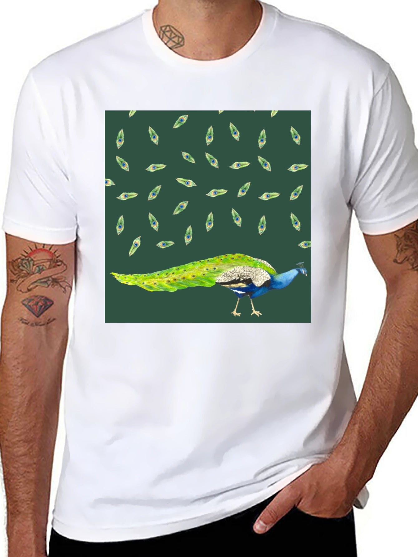 Peacock Patterned Black T-Shirt