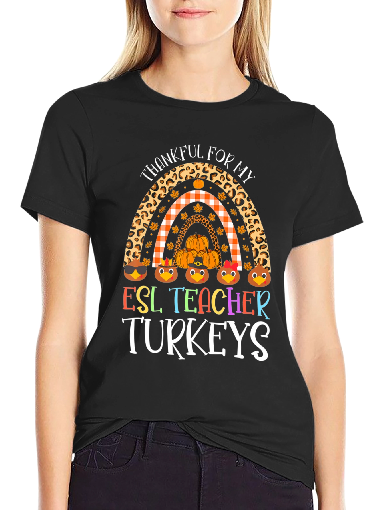Thankful ESL Teacher Turkeys Rainbow Graphic Tee