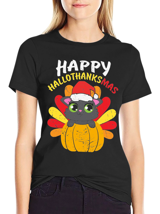 Happy Hallothanksmas Cat Turkey T-Shirt