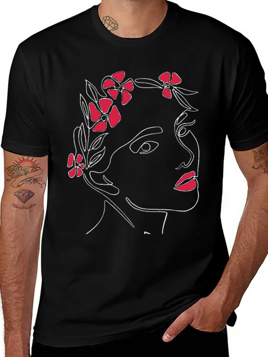 Minimalist Floral Woman Graphic Tee - Black Cotton Blend