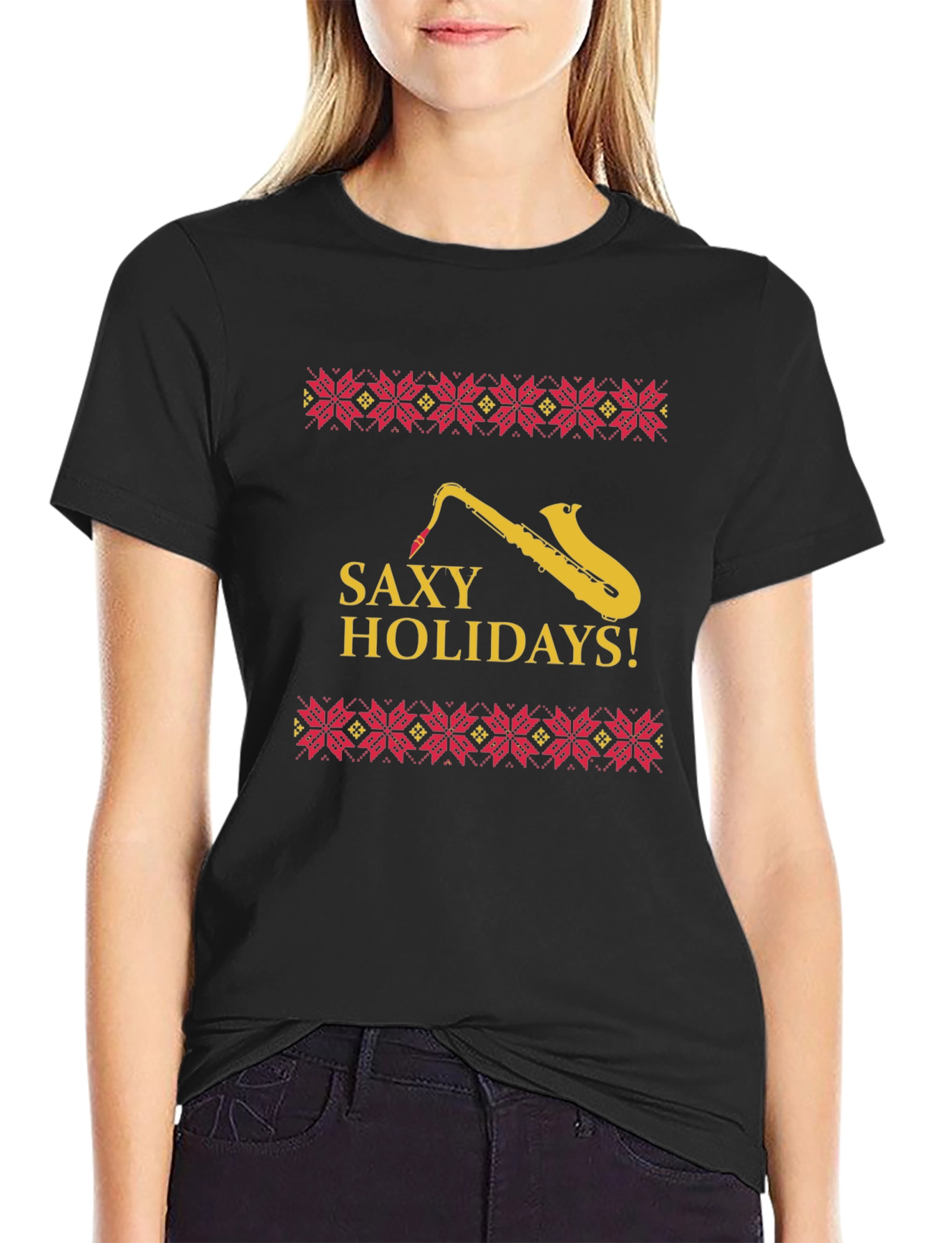 Saxy Holidays Black T-Shirt - Unique Christmas Design