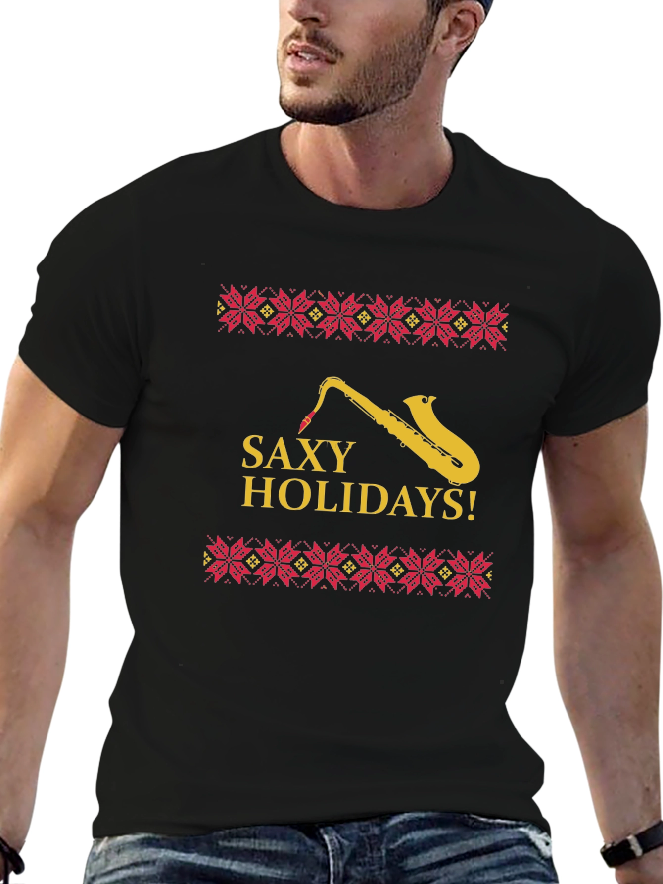 Saxy Holidays Black T-Shirt - Unique Christmas Design