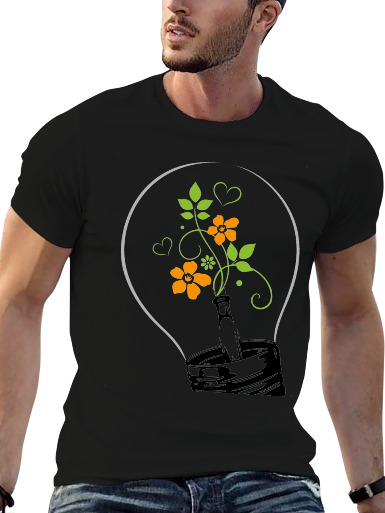 Floral Lightbulb Graphic Tee - Black Cotton T-Shirt