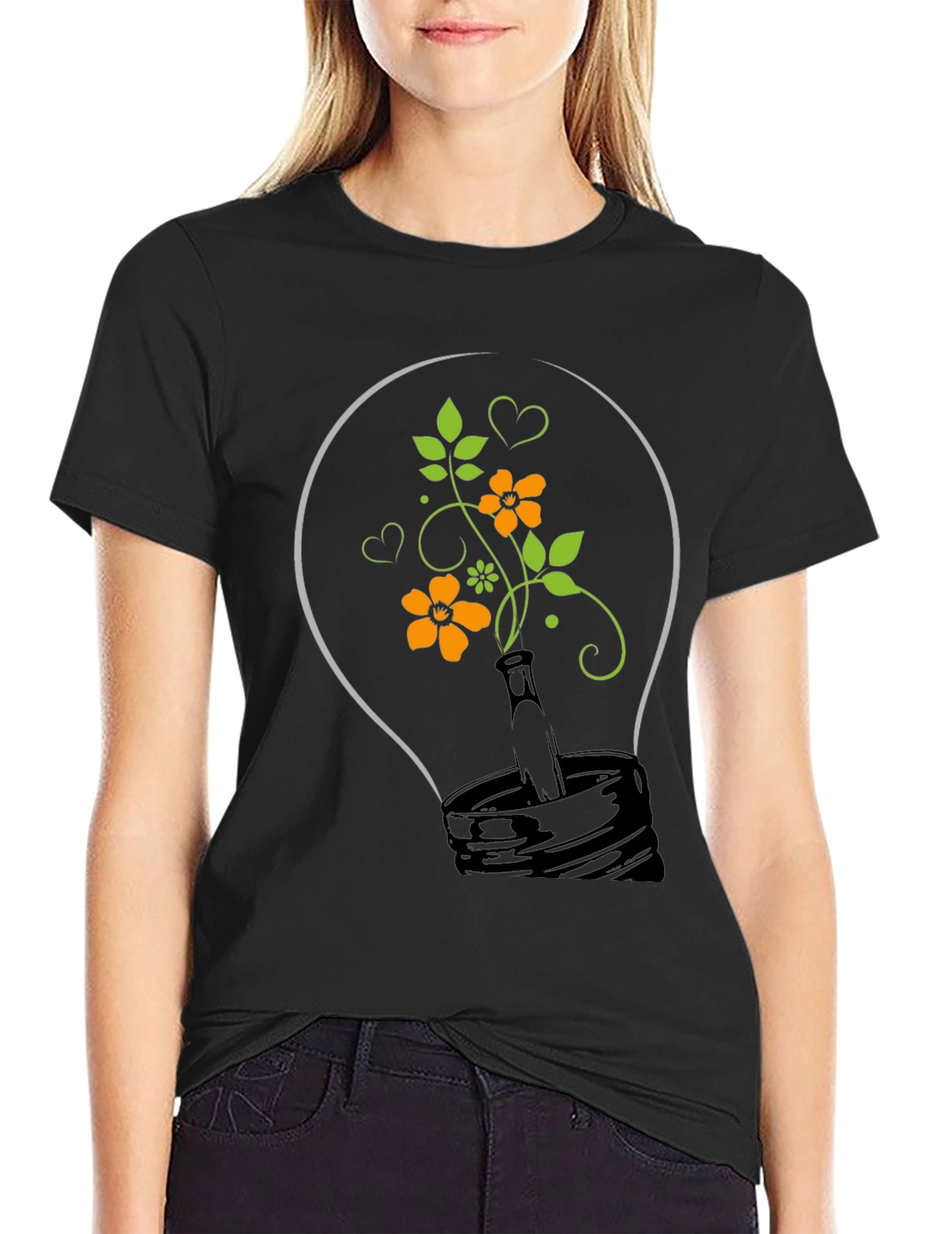 Floral Lightbulb Graphic Tee - Black Cotton T-Shirt