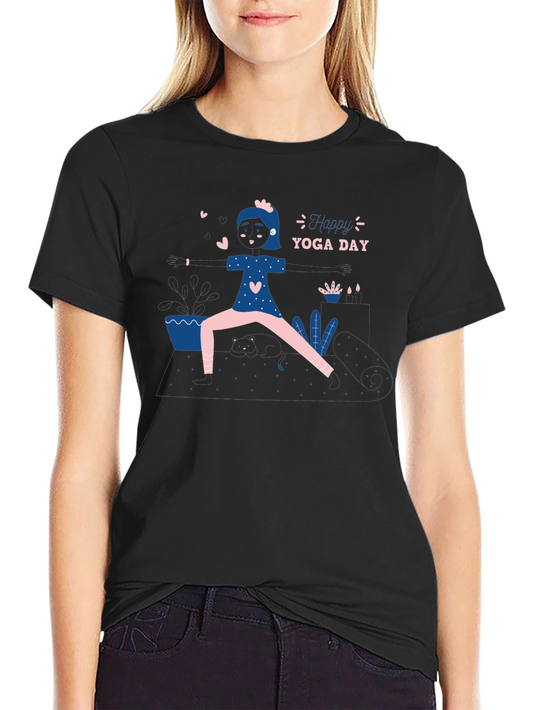 Yoga Day T-Shirt: Black Cotton Tee with Fun Yoga Design