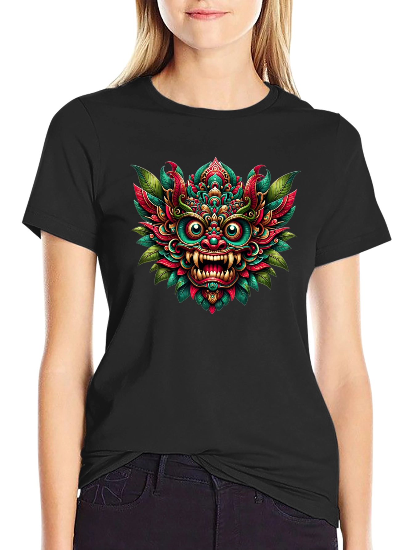 Vibrant Bali Mask Graphic Tee - Unisex Black T-Shirt