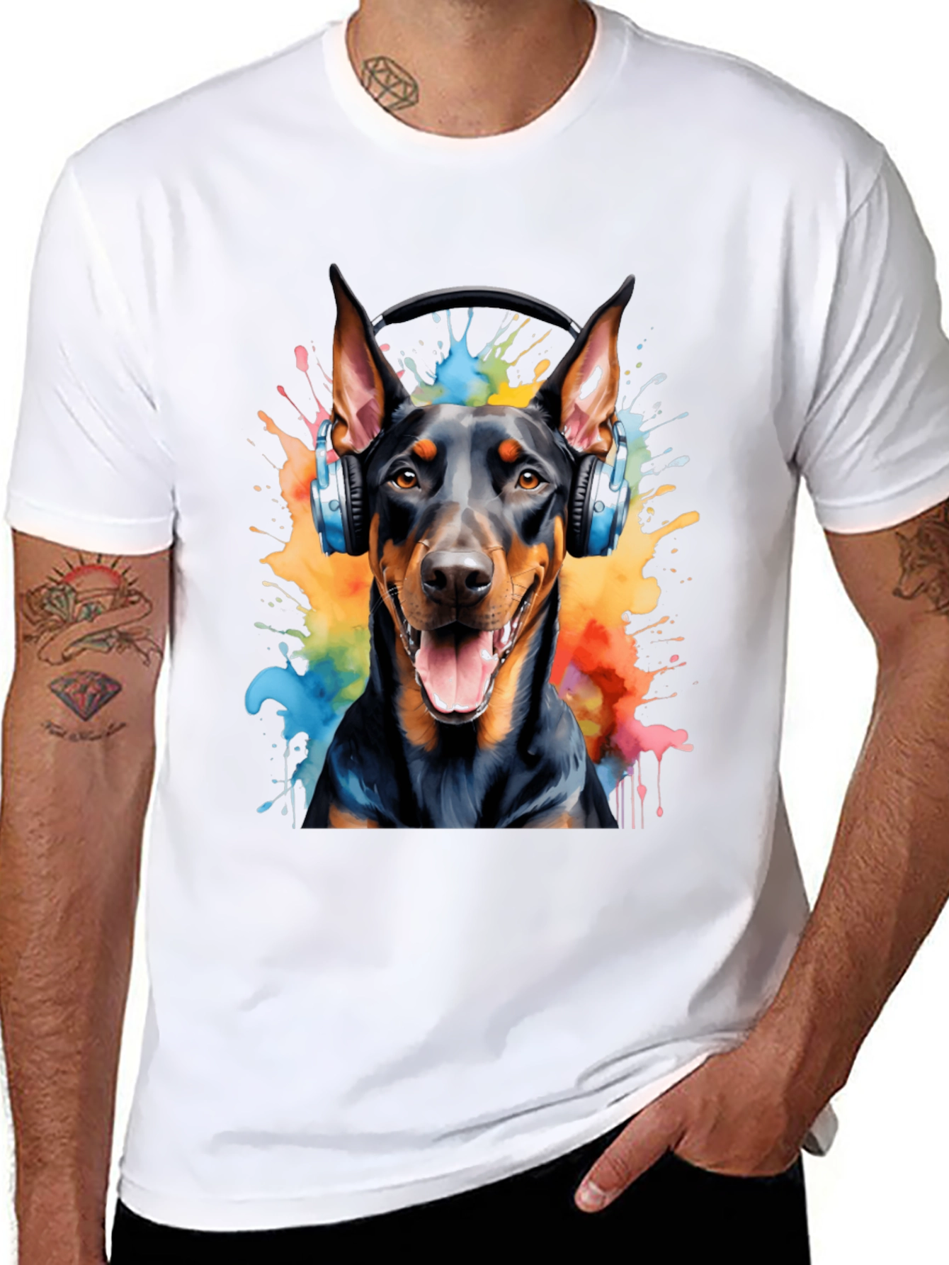 Doberman Dog Headphones Graphic T-Shirt