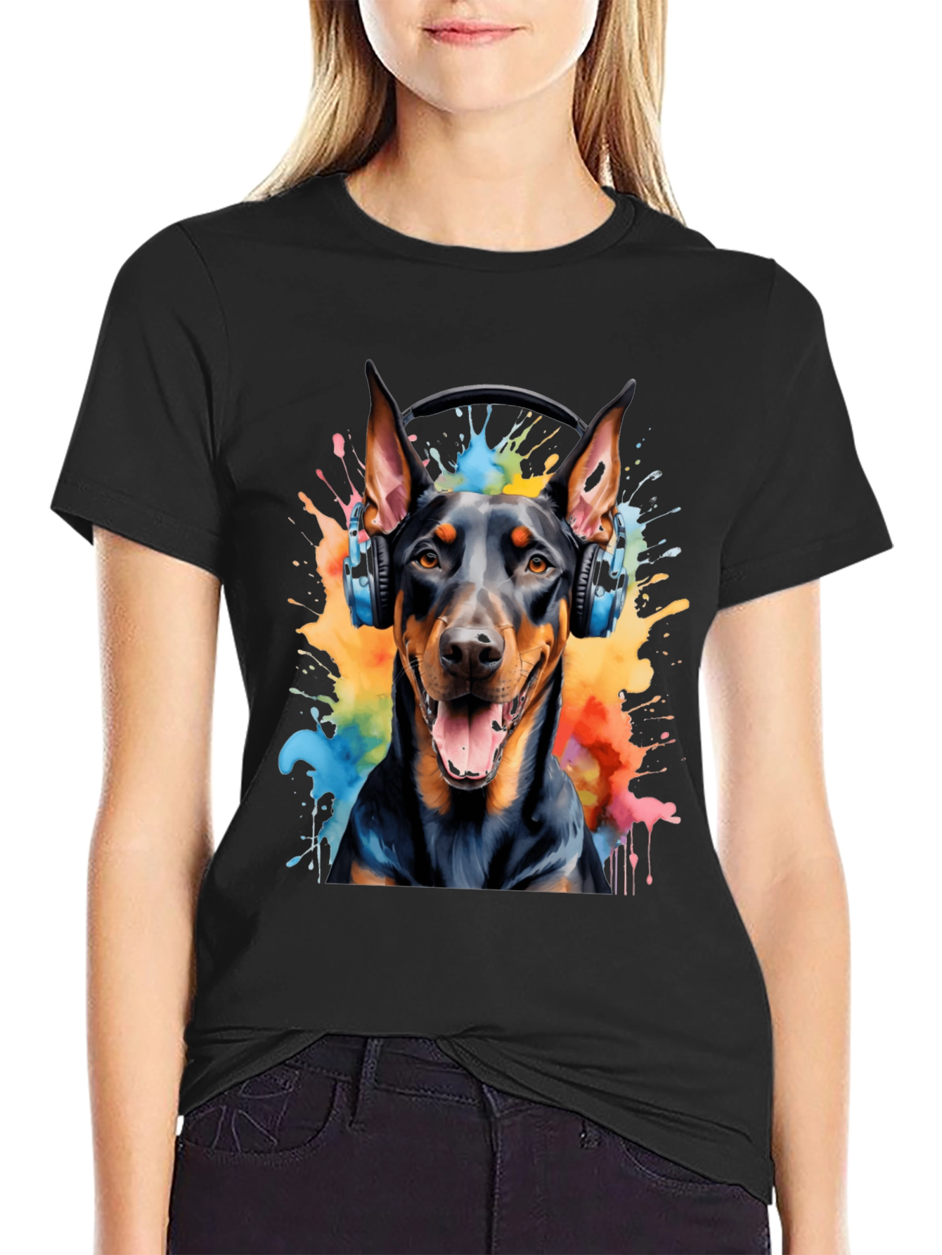 Doberman Dog Headphones Graphic T-Shirt
