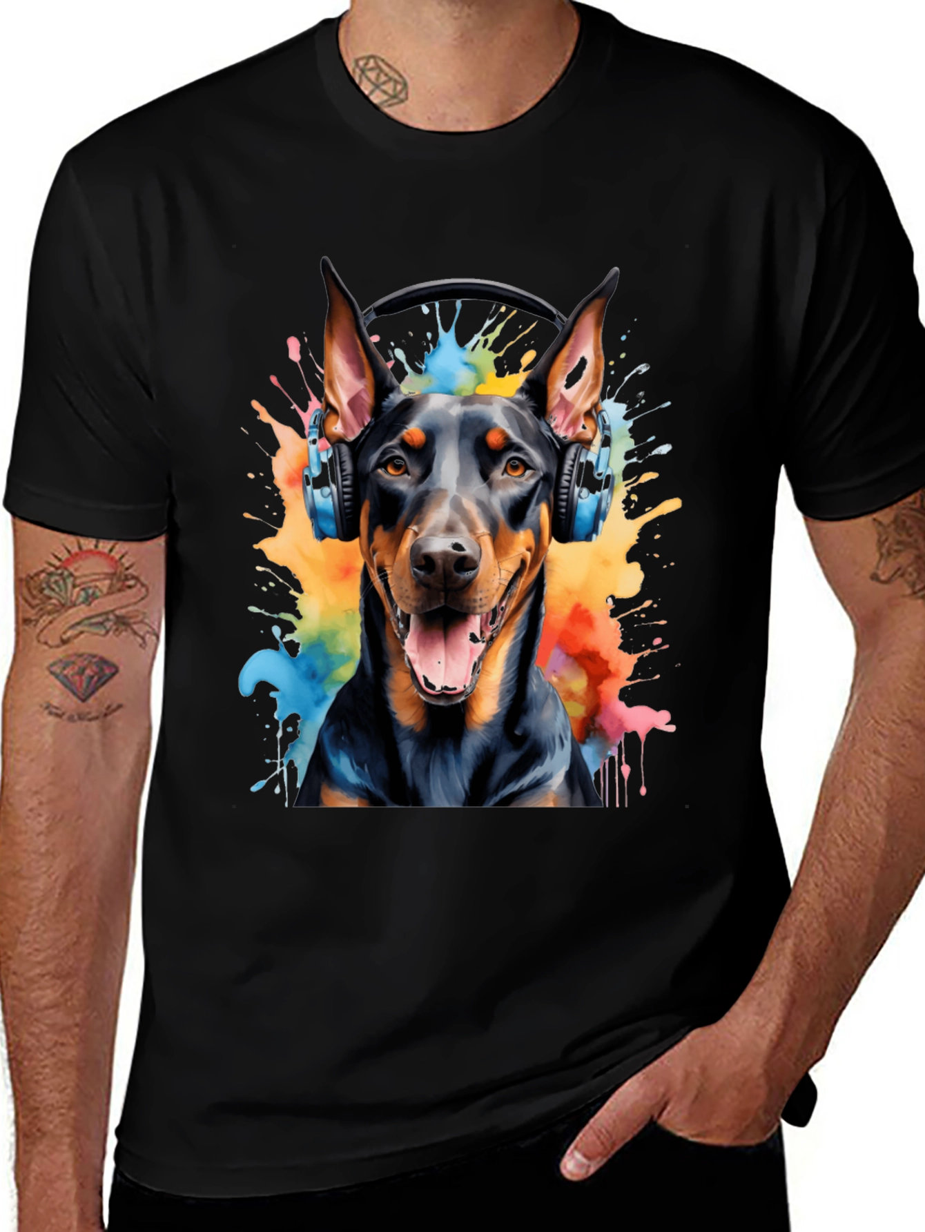 Doberman Dog Headphones Graphic T-Shirt