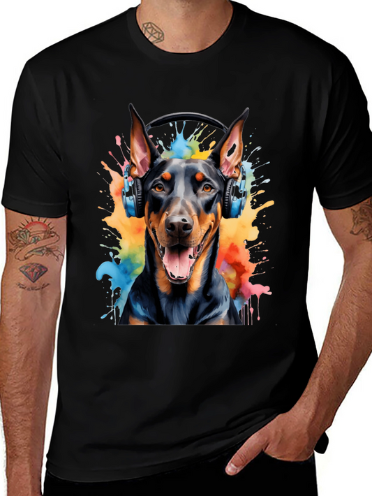Doberman Dog Headphones Graphic T-Shirt