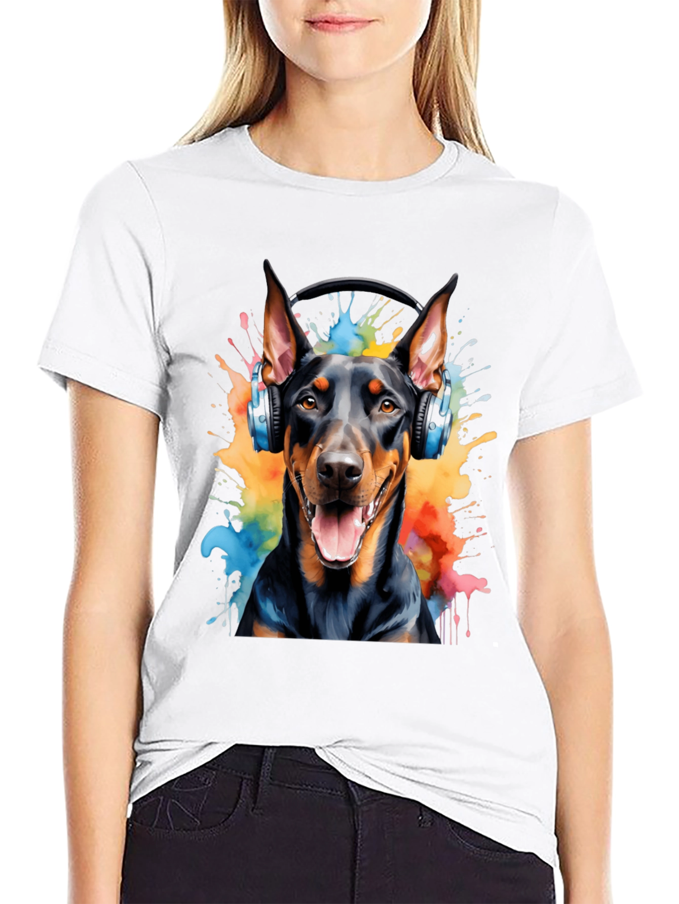 Doberman Dog Headphones Graphic T-Shirt
