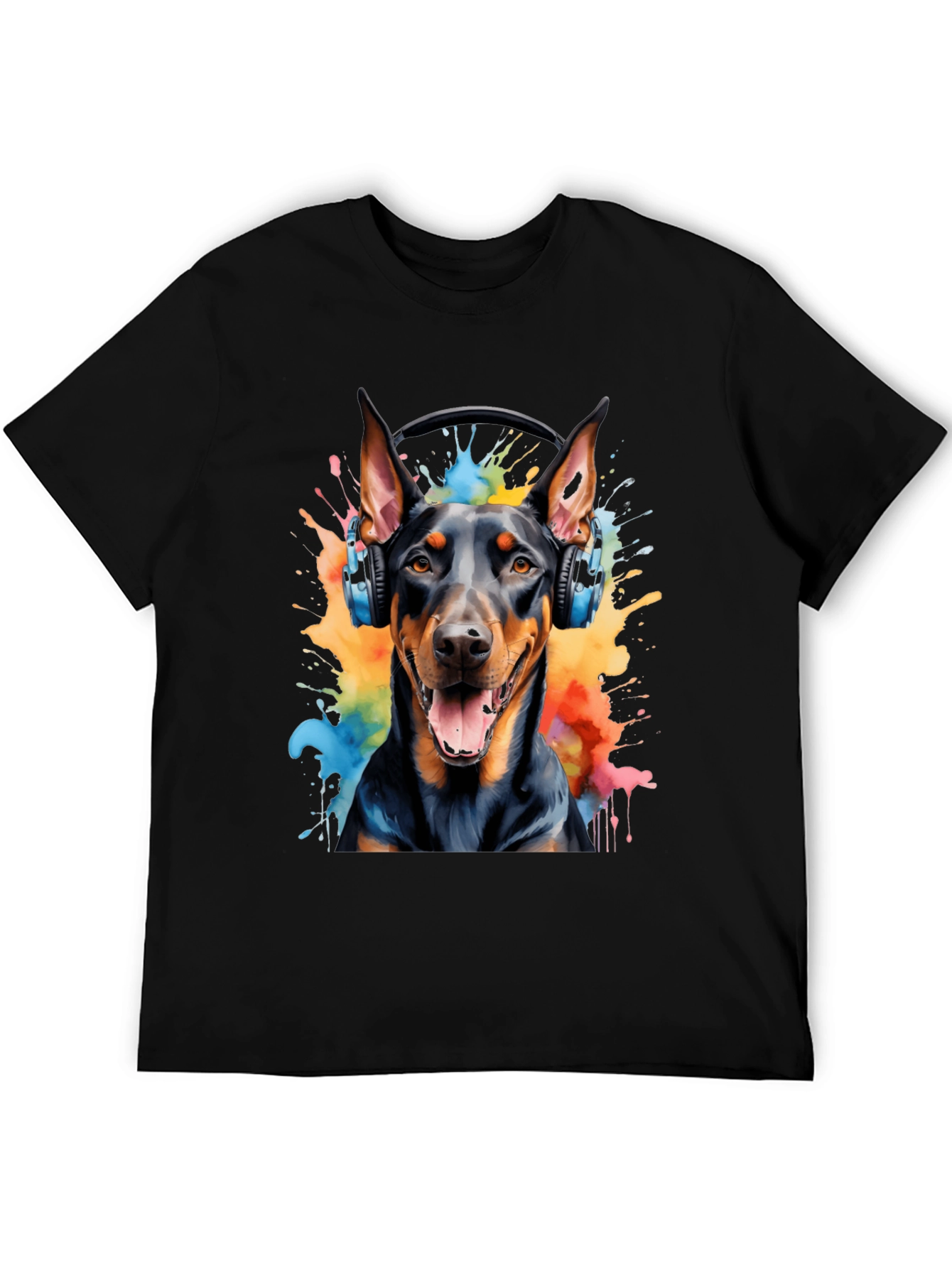 Doberman Dog Headphones Graphic T-Shirt