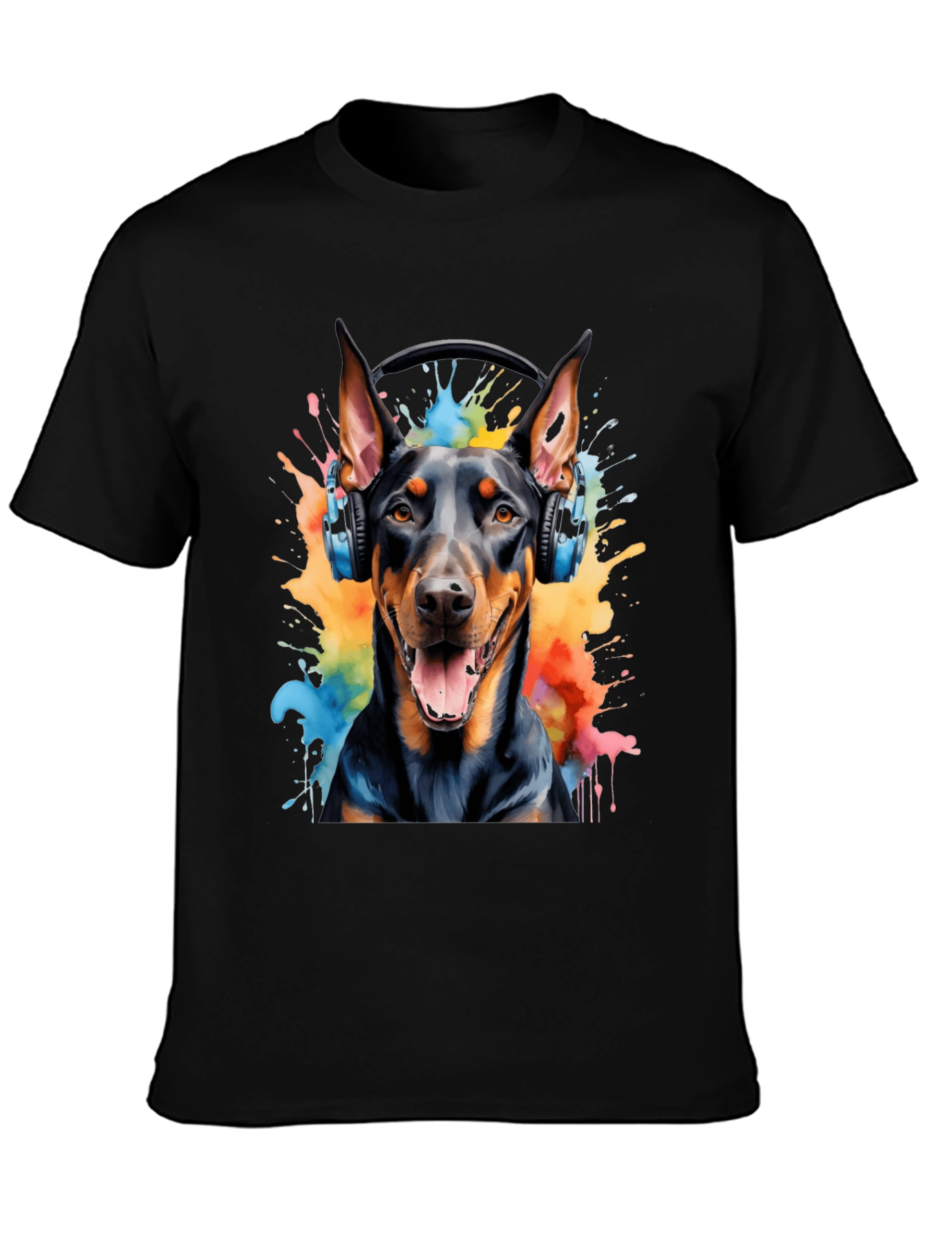 Doberman Dog Headphones Graphic T-Shirt