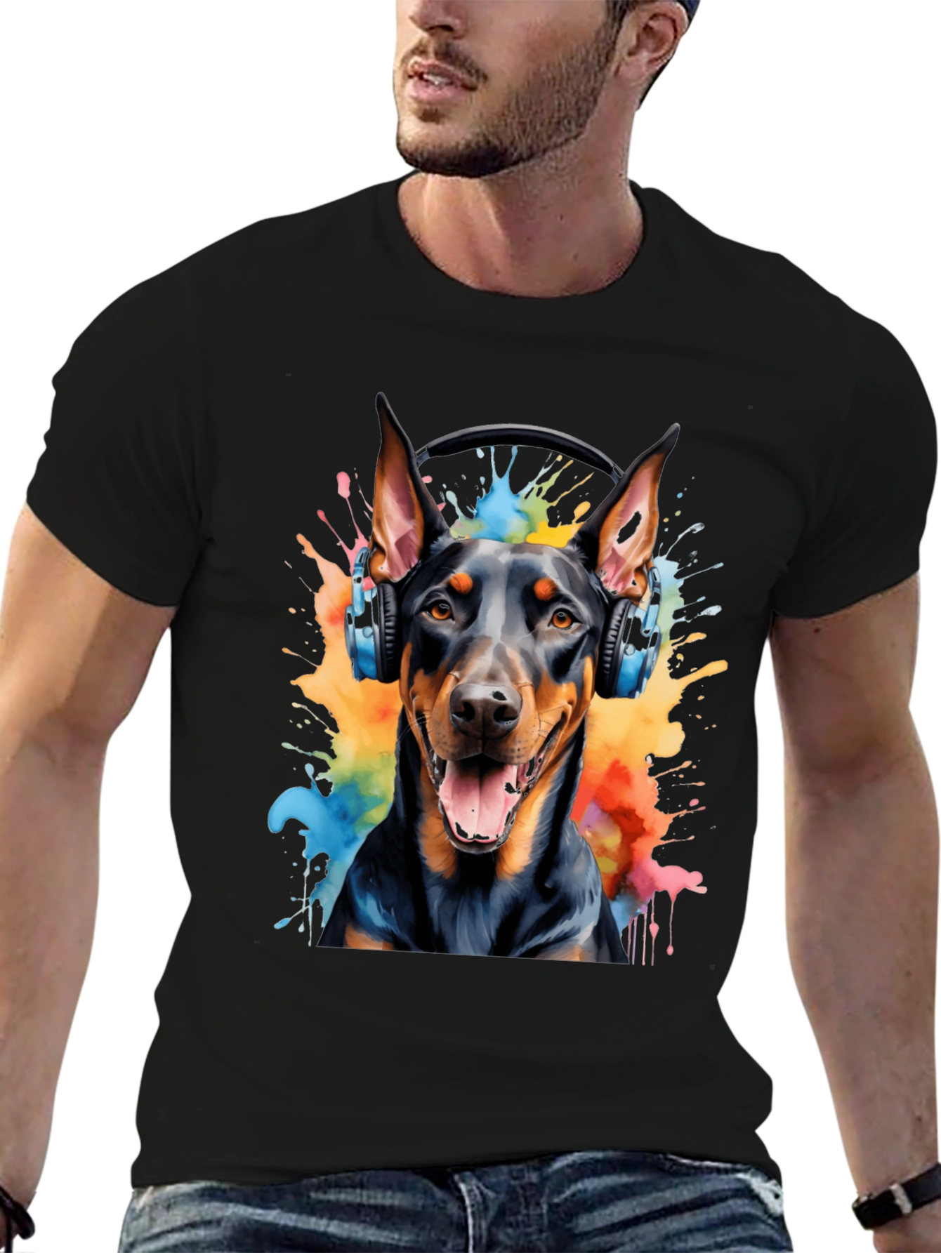 Doberman Dog Headphones Graphic T-Shirt