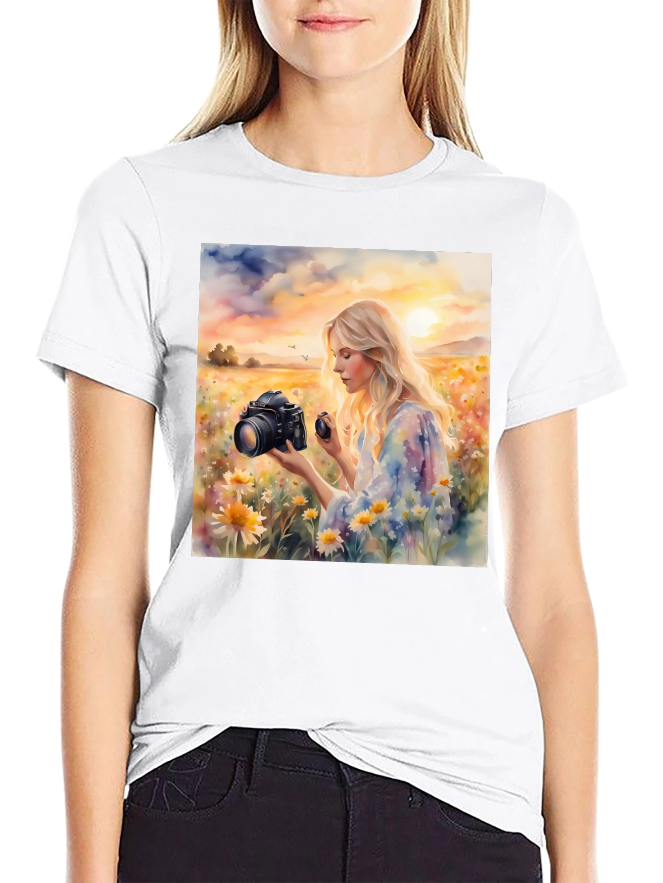 Woman Photographer Art Print Black T-Shirt