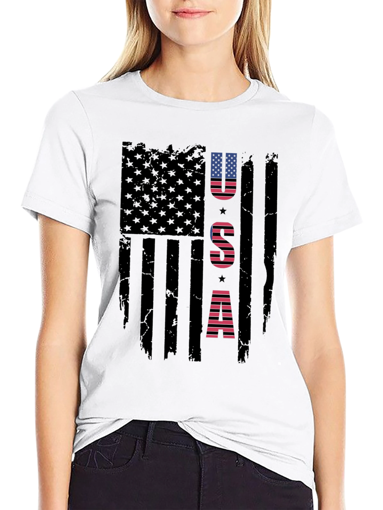 USA Flag Graphic Print Crew Neck T-Shirt