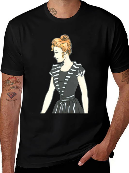 Retro Style Woman Portrait Graphic Tee - Black Cotton