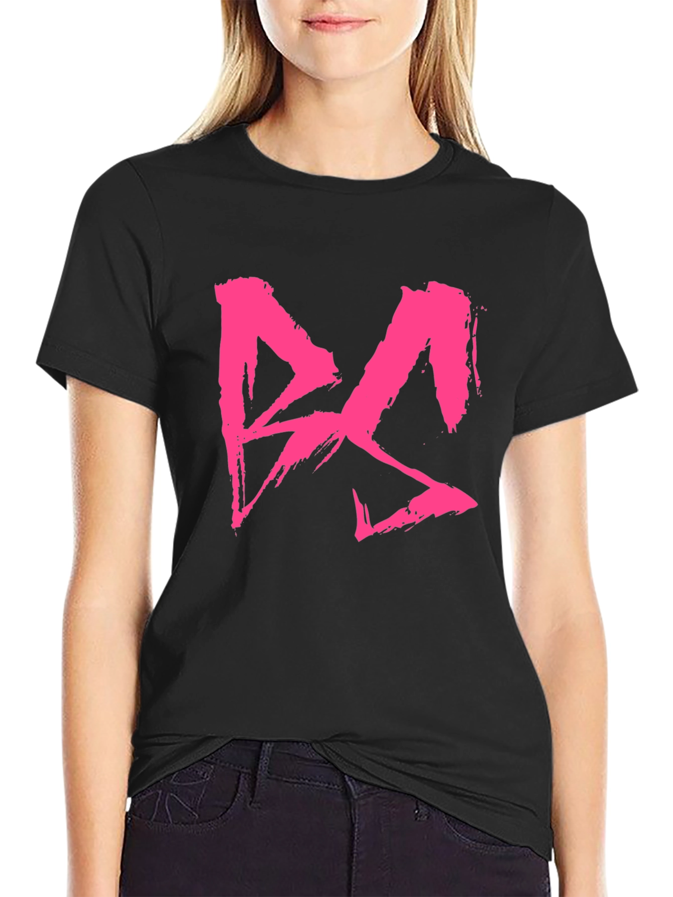 Black T-Shirt with Bold Pink Brushstroke Graphic Print