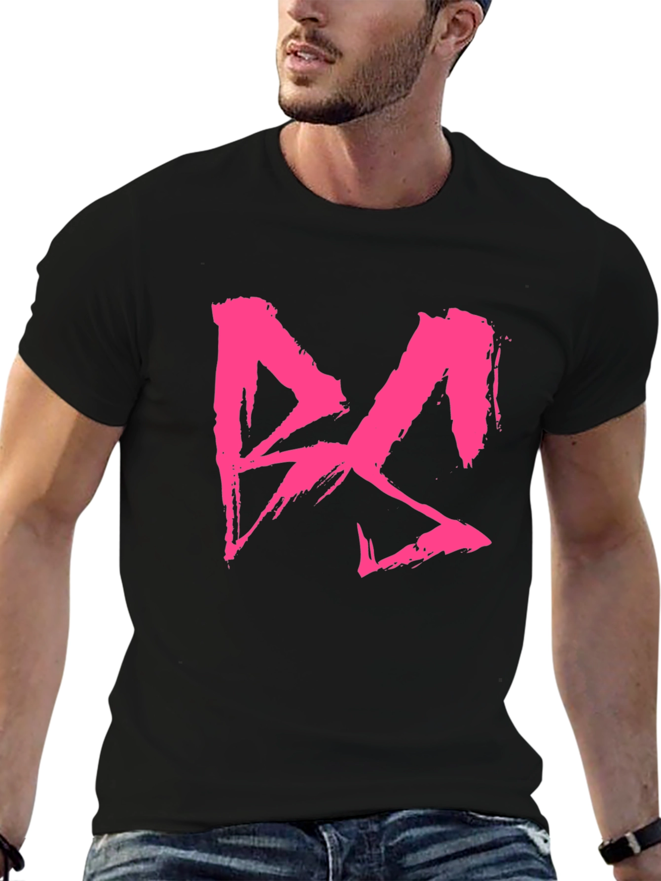 Black T-Shirt with Bold Pink Brushstroke Graphic Print