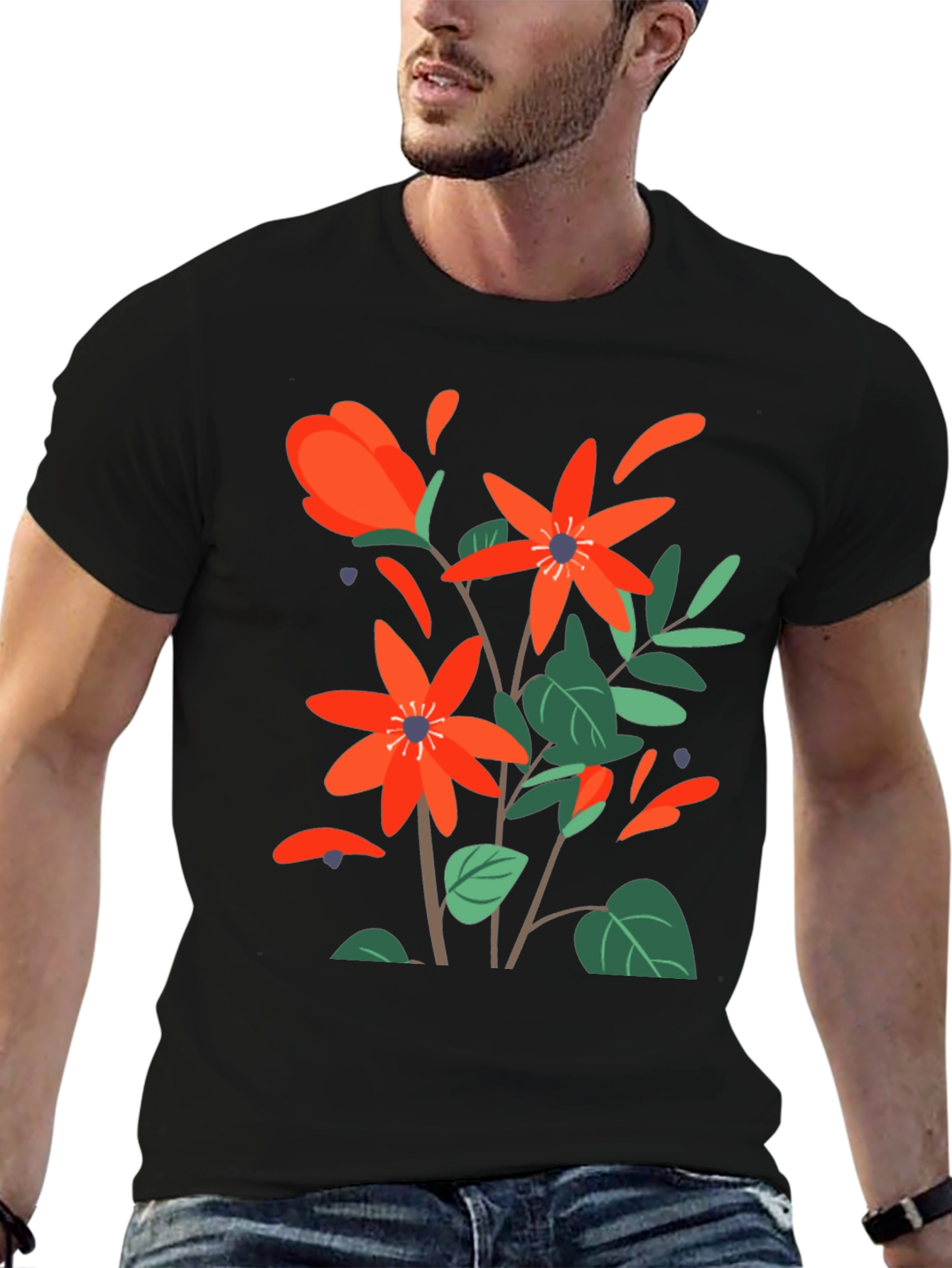 Floral Print Mens Black T-Shirt