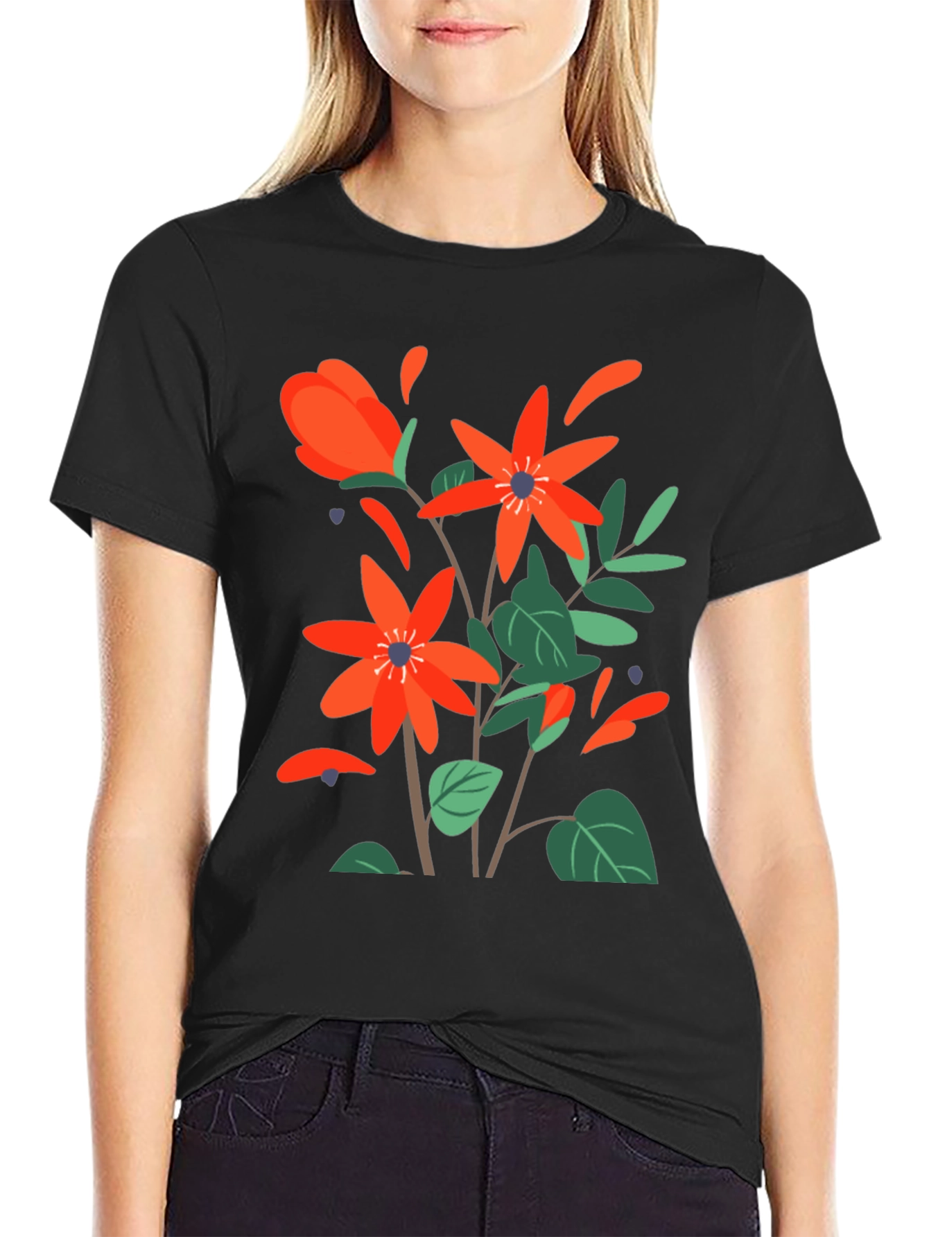 Floral Print Mens Black T-Shirt