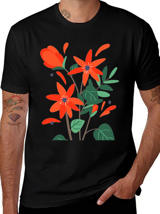 Floral Print Mens Black T-Shirt