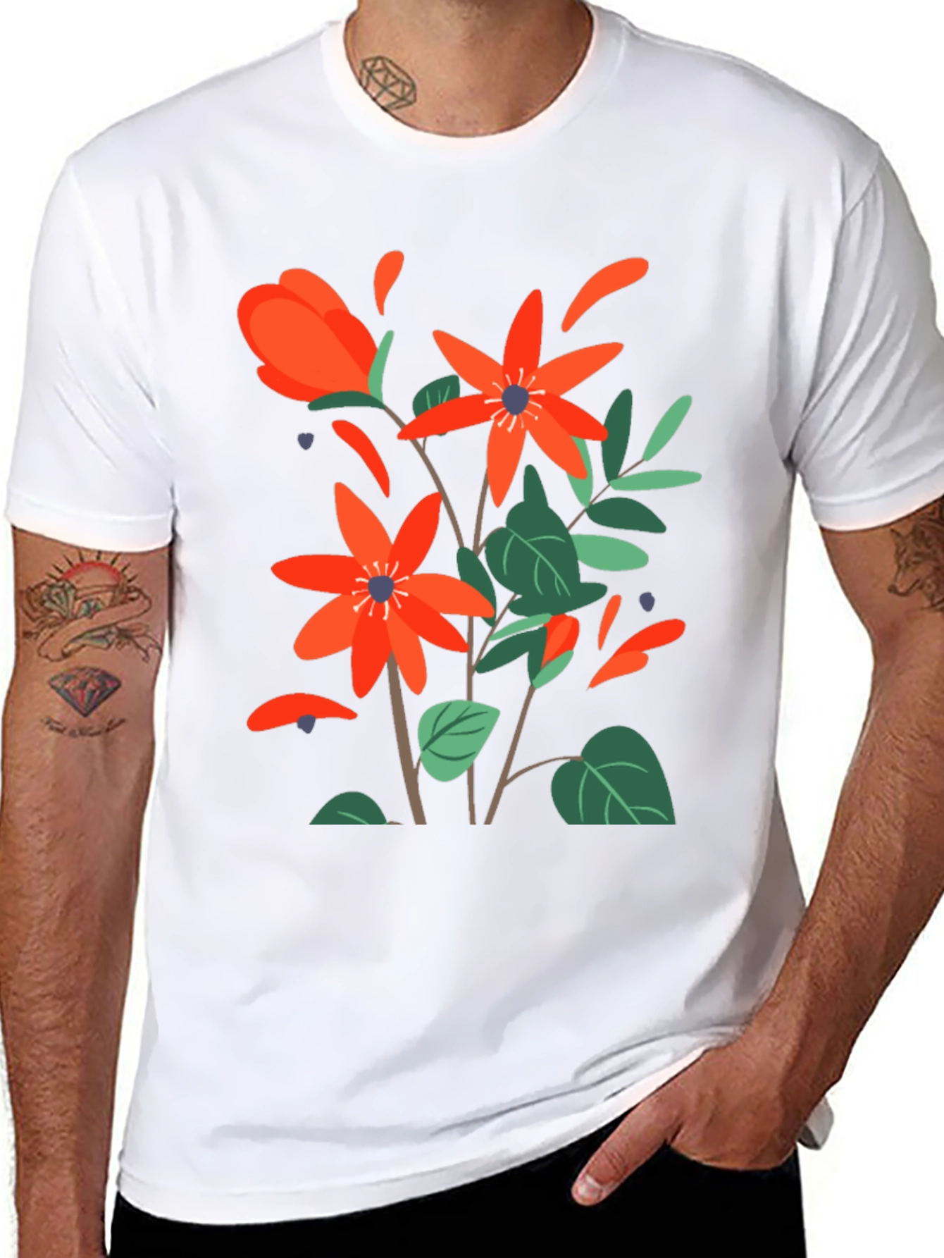 Floral Print Mens Black T-Shirt