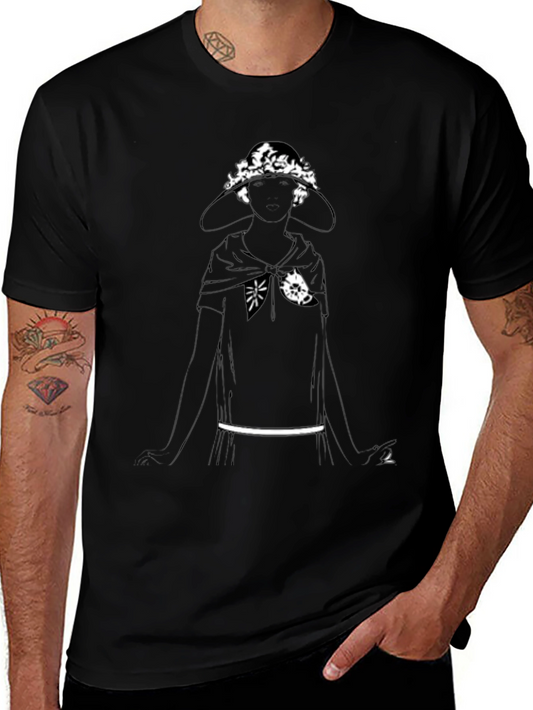 Black T-Shirt with Woman in Hat Graphic
