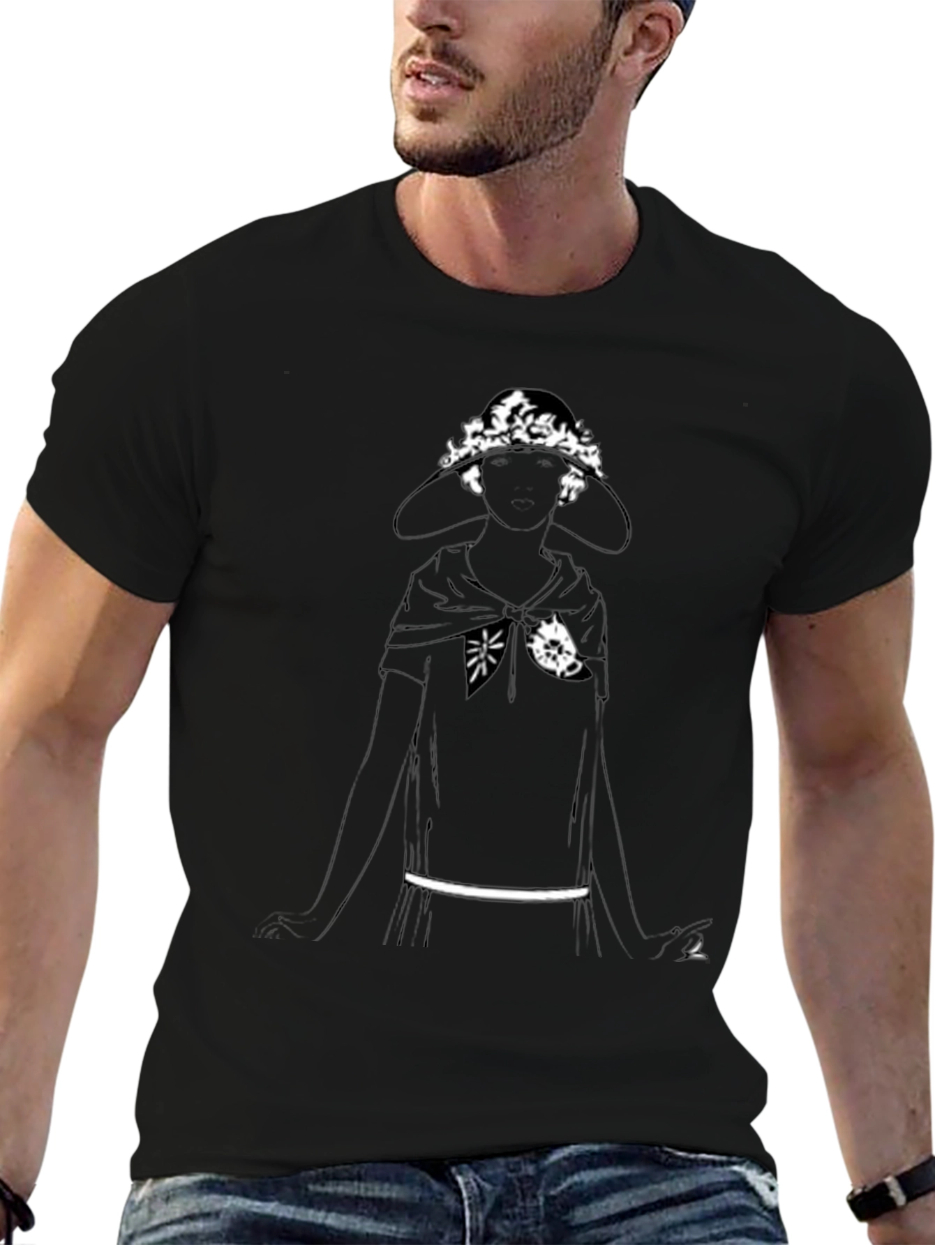 Black T-Shirt with Woman in Hat Graphic