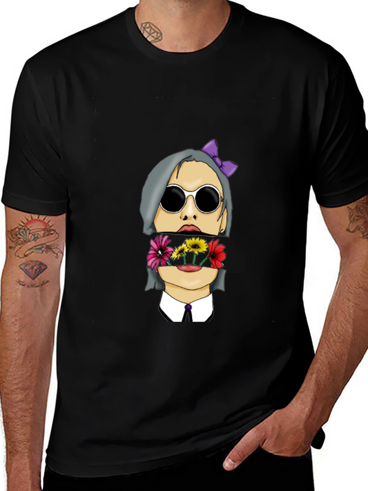 Floral Face Graphic Print Mens Black T-Shirt