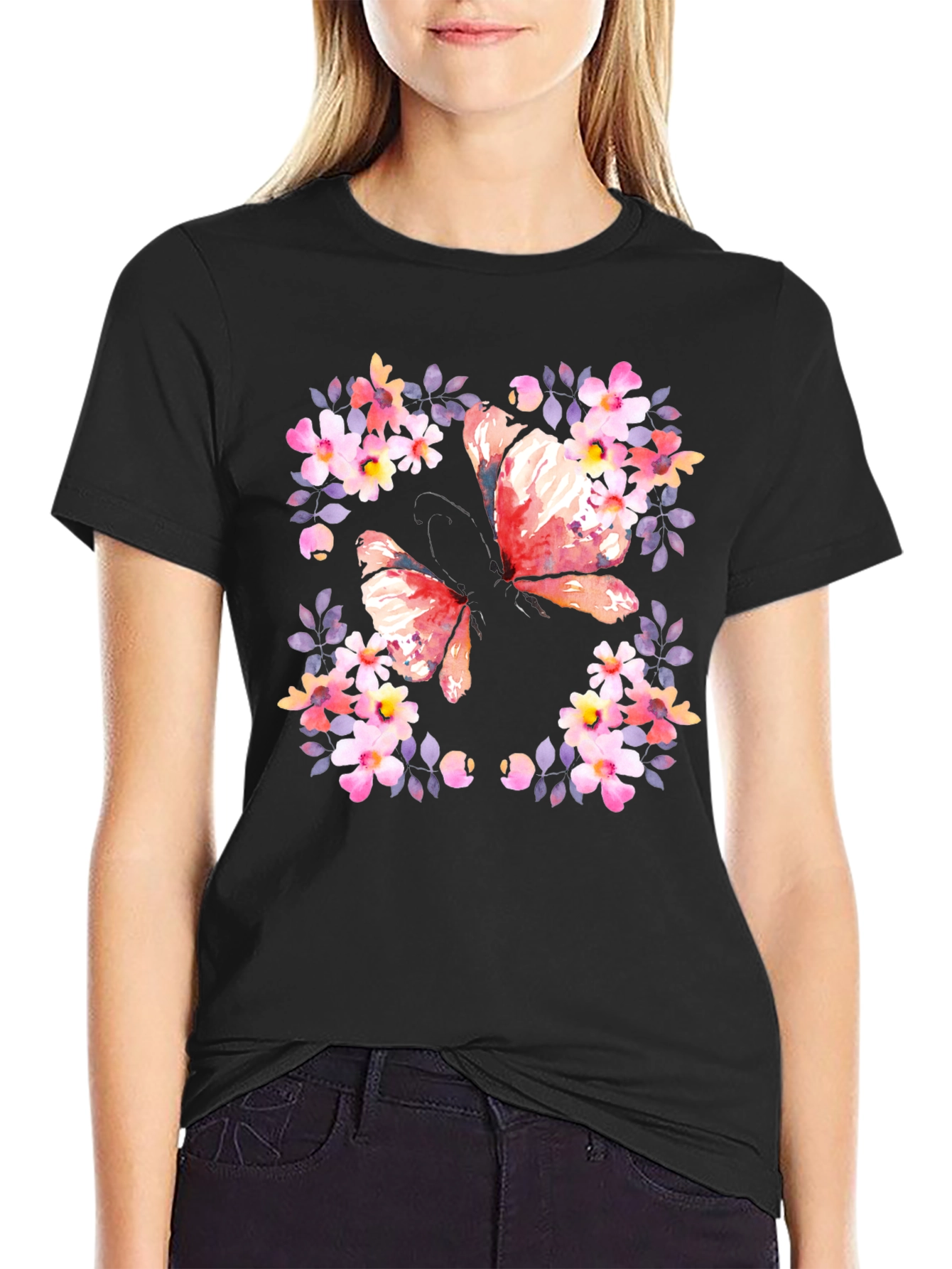 Butterfly Floral Graphic Tee - Black