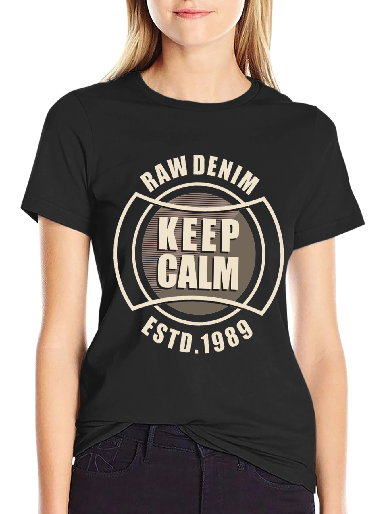 Raw Denim Keep Calm Graphic Black T-Shirt